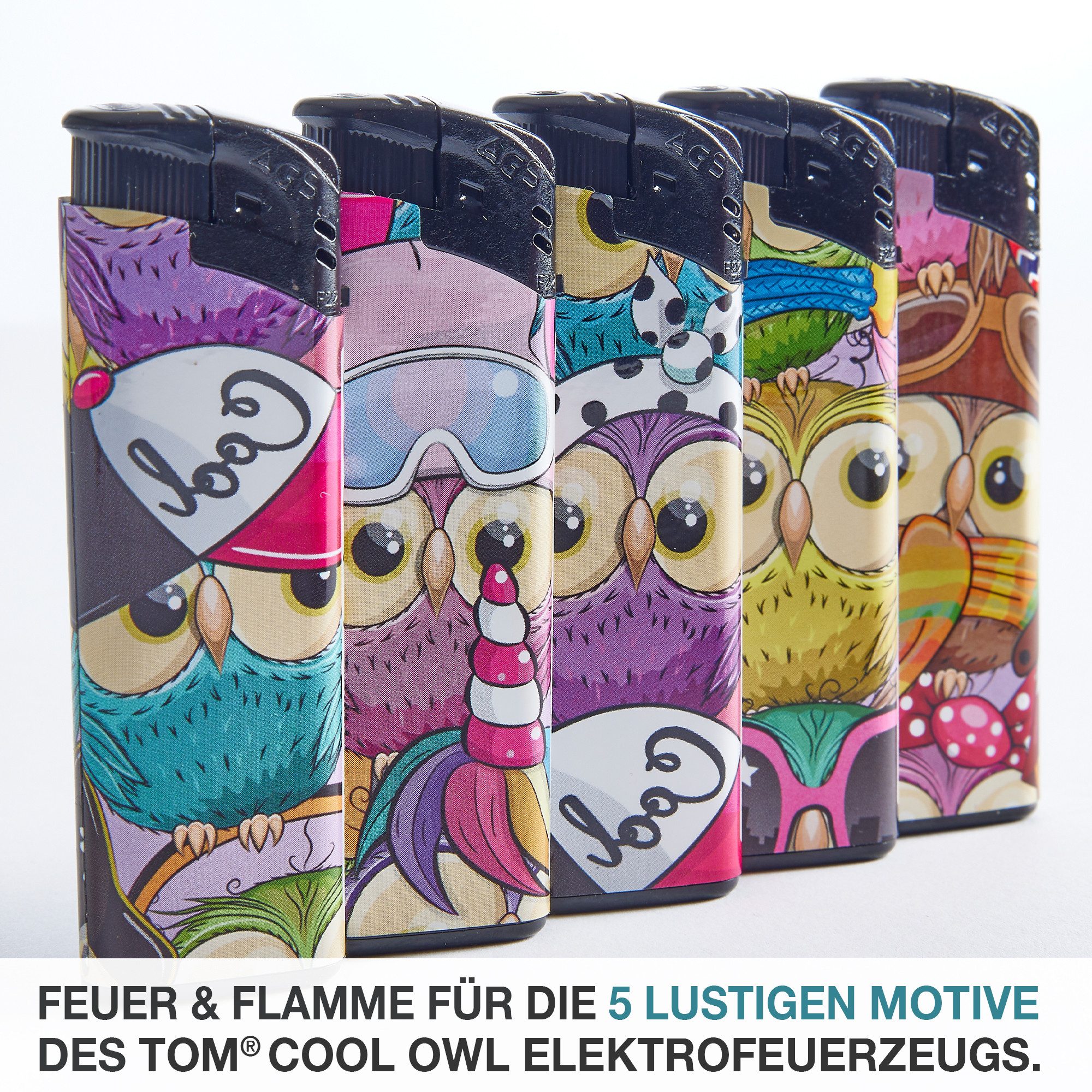 TOM Feuerzeuge 50er Display mit 5 Farben im Eulen-Design, nachfüllbar (50-St), Soft-Flamme, Elektronischer Zünder – Bild 4 von 5