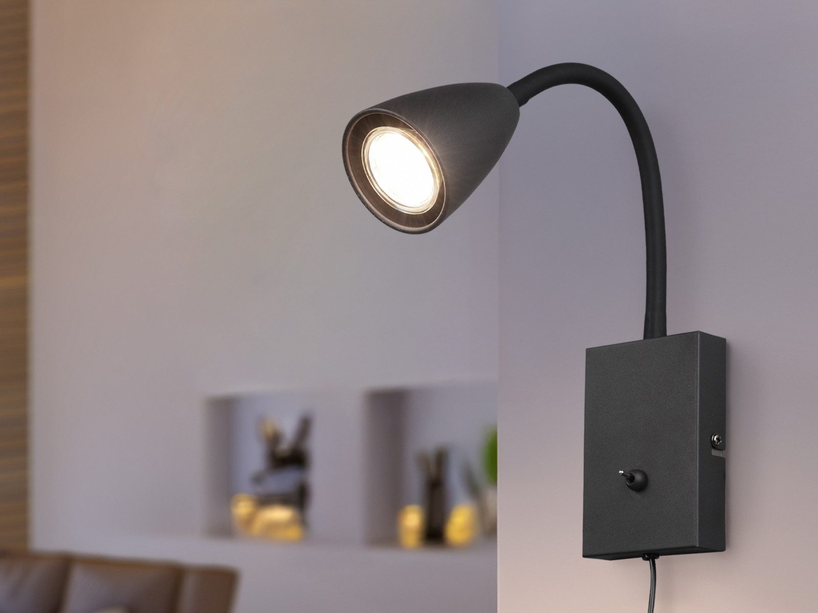 TRIO Leuchten LED Leselampe, Dimmfunktion, LED wechselbar, Warmweiß, Nachttischlampe Wand mit Stecker und Schalter Schwarz Höhe 23,5cm