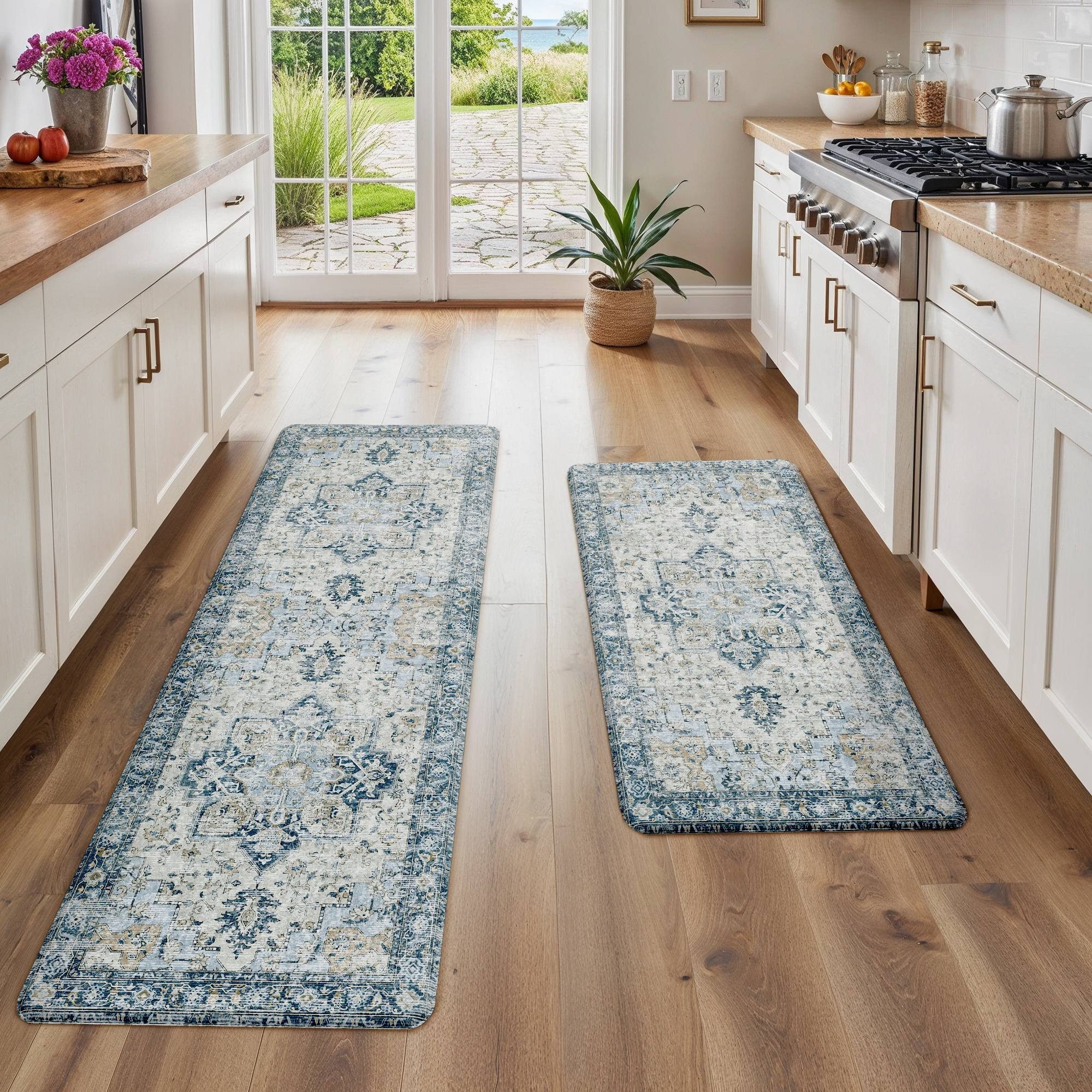 GENIMO Teppich 2er Set PVC NO-Pile Küchenteppich, Ermüdungsmindernde Küchenläufer, rechteckig, 43x119cm&43x76cm, blau