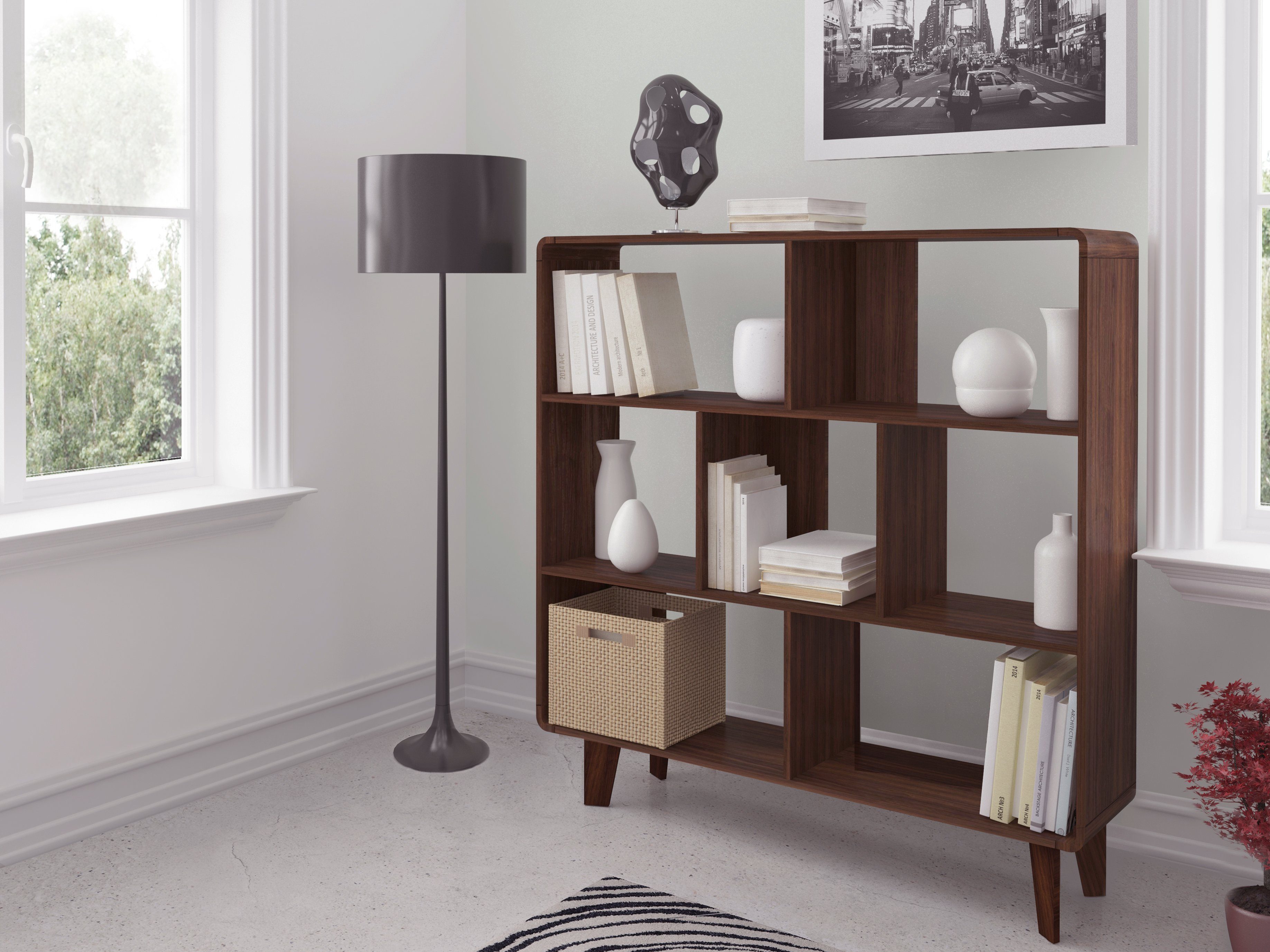 loft24 Standregal Caitlin - Regal Bücherregal Wohnzimmerregal, Regal mit 7 Fächern, Skandinavisches Design, Holzoptik