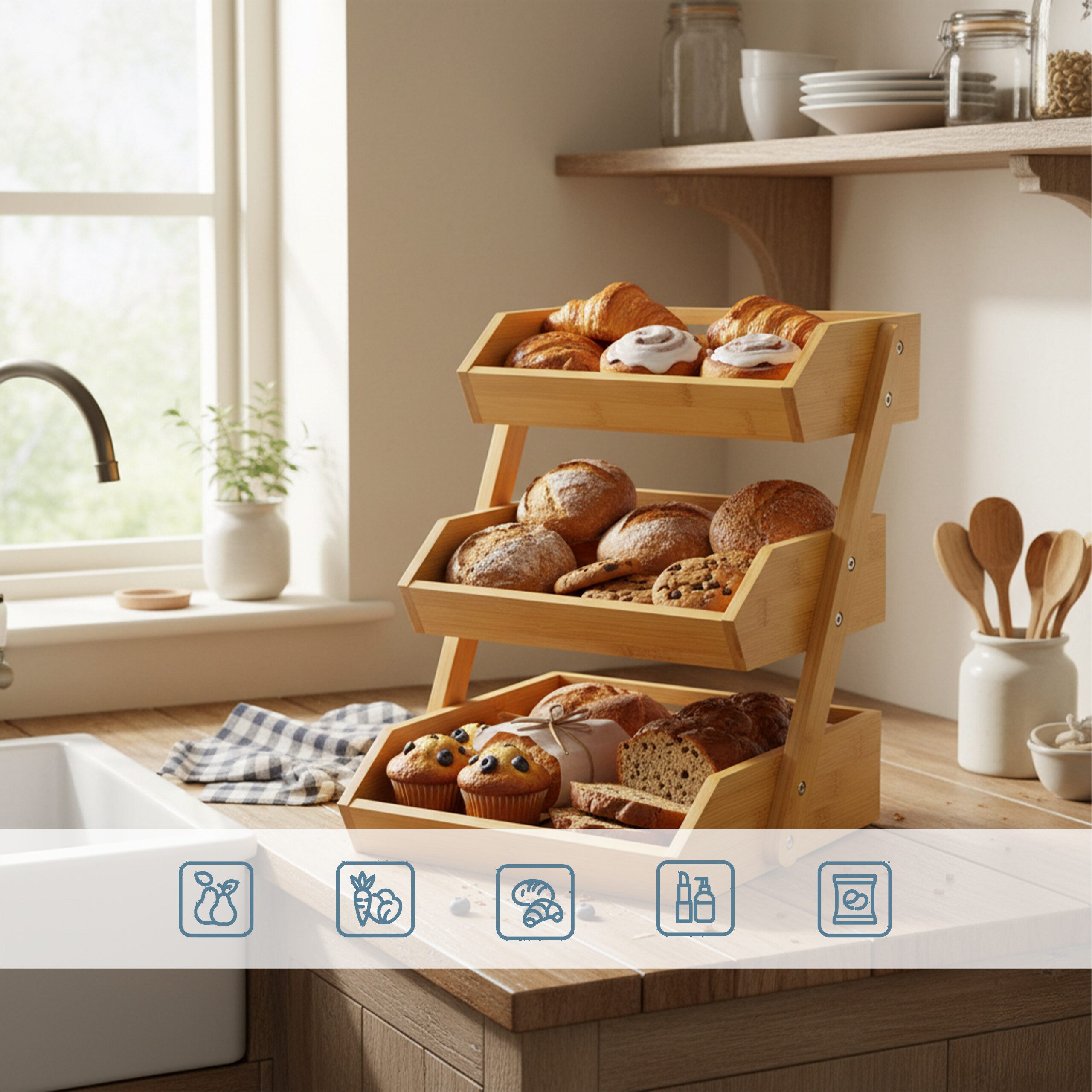 relaxdays Obstschale Obst Etagere Bambus 3 Etagen, Bambus