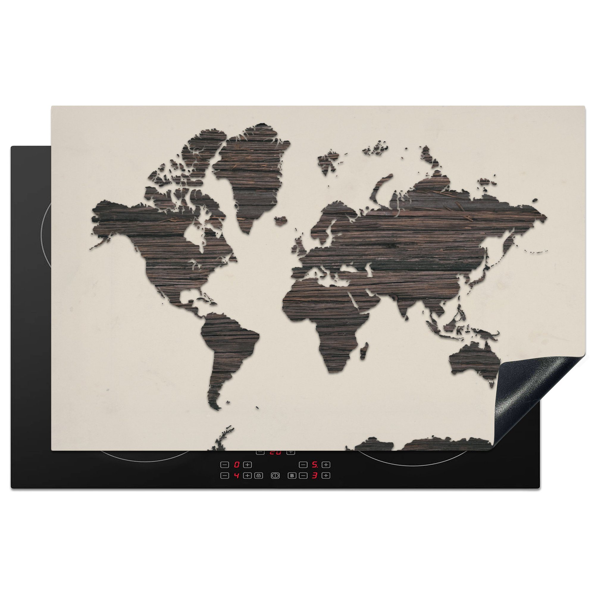 MuchoWow Herdblende-/Abdeckplatte Weltkarte - Braun - Holz, Vinyl, (1 tlg), 81x52 cm, Induktionskochfeld Schutz für die küche, Ceranfeldabdeckung