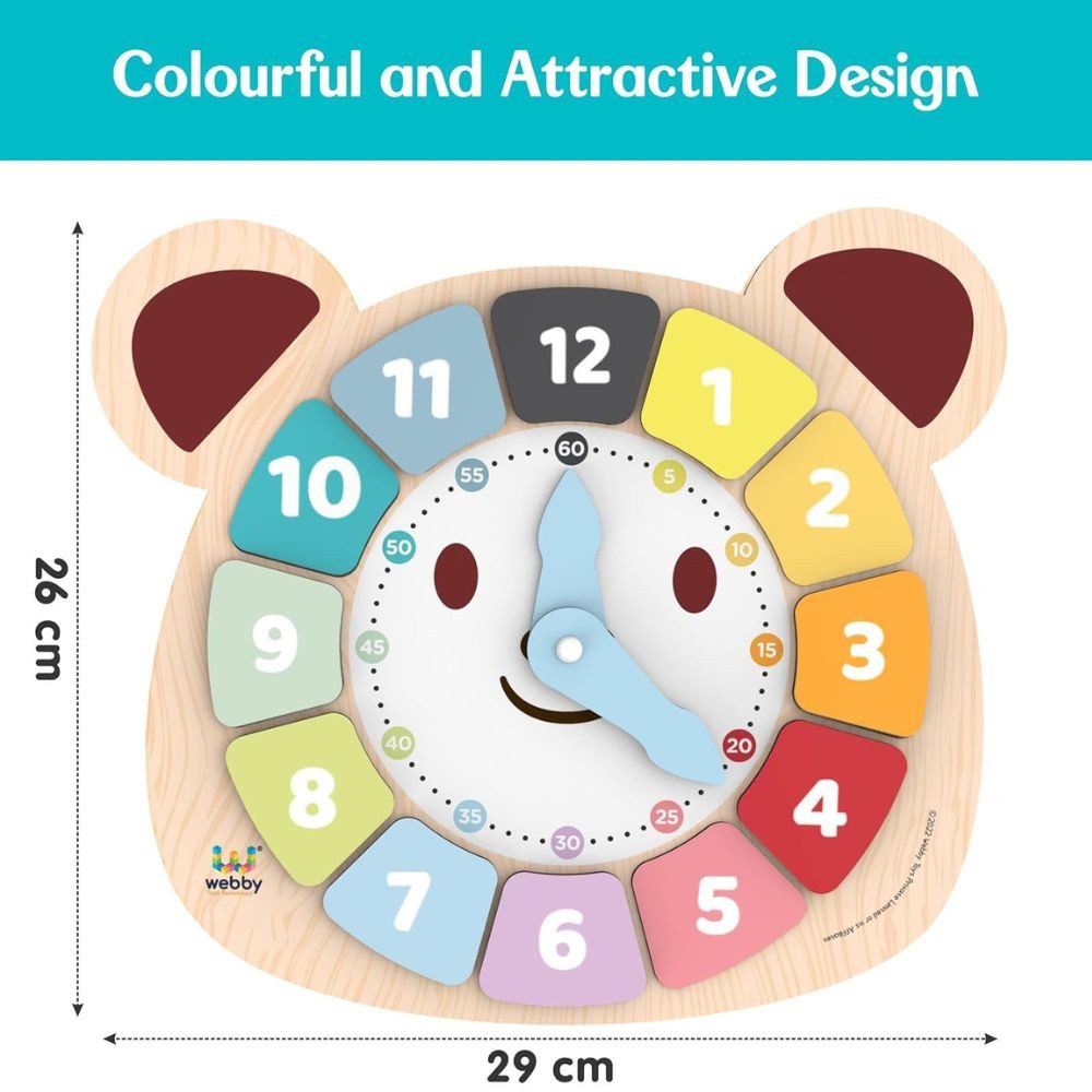 Webby Toys Uhr Holz Lernuhr – 12-teiliges Puzzle-Spielzeug für Kinder (Mit drehbaren Zeigern & stabiler Bauweise, ideal für Kinder)