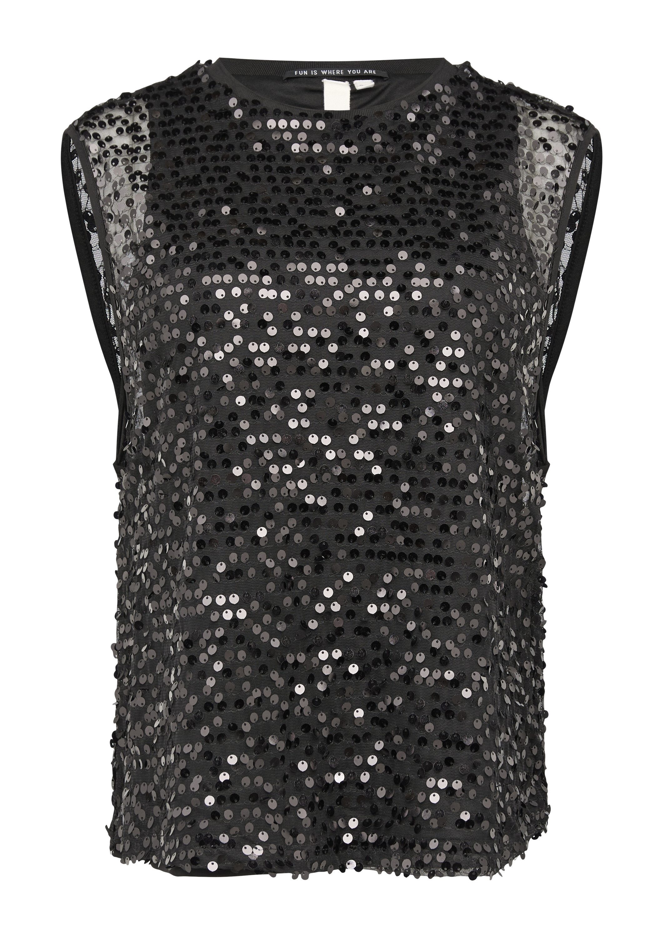 QS Blusenbody Bluse Unterlegtes Blusentop mit Pailletten und Rundhalsausschnitt