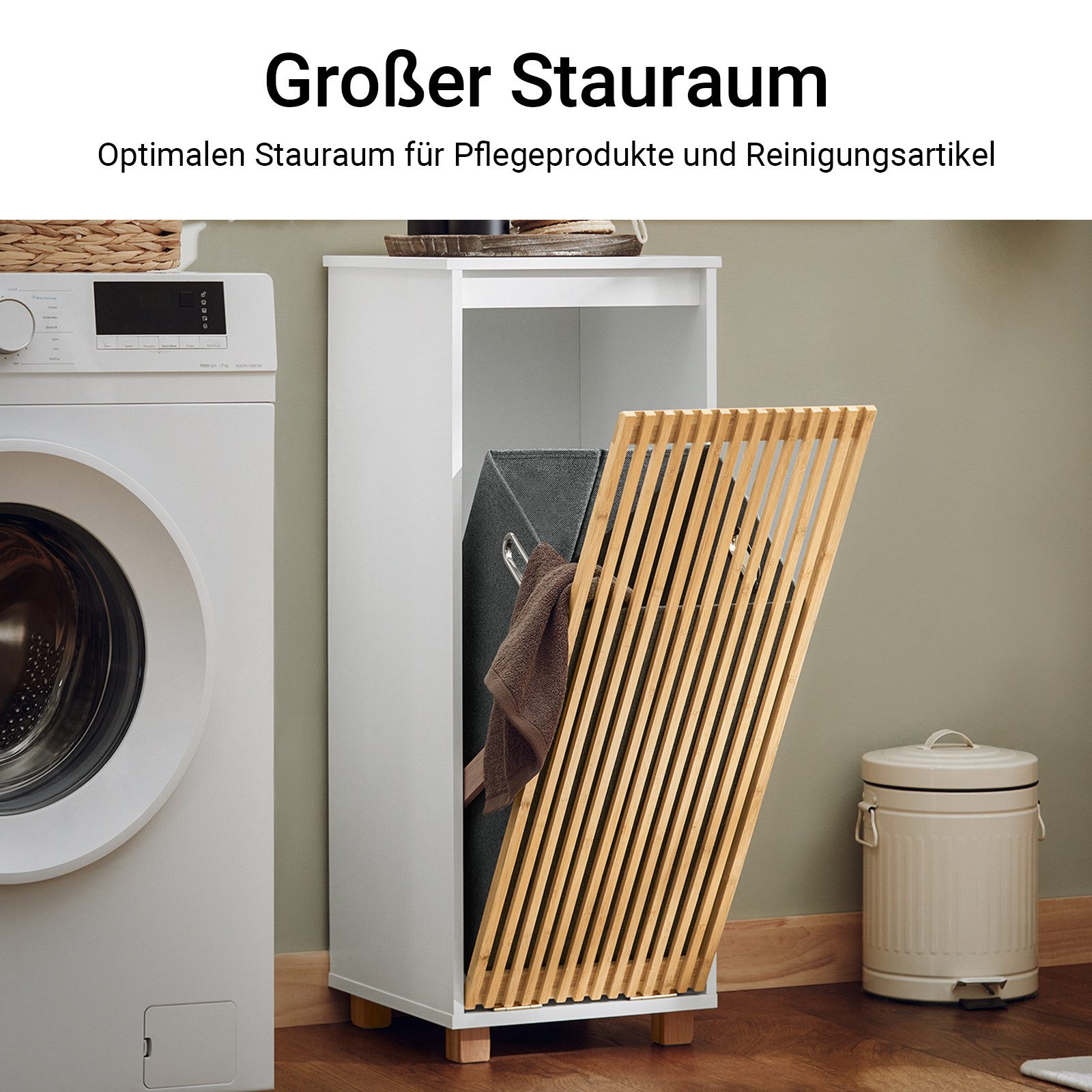 SoBuy Wäscheschrank BZR126, Badezimmerschrank mit Wäschekorb Badmöbel Badezimmer Badschrank mit Wäschesack Wäschetruhe Wäschesammler Wäschekorb – Bild 3 von 5