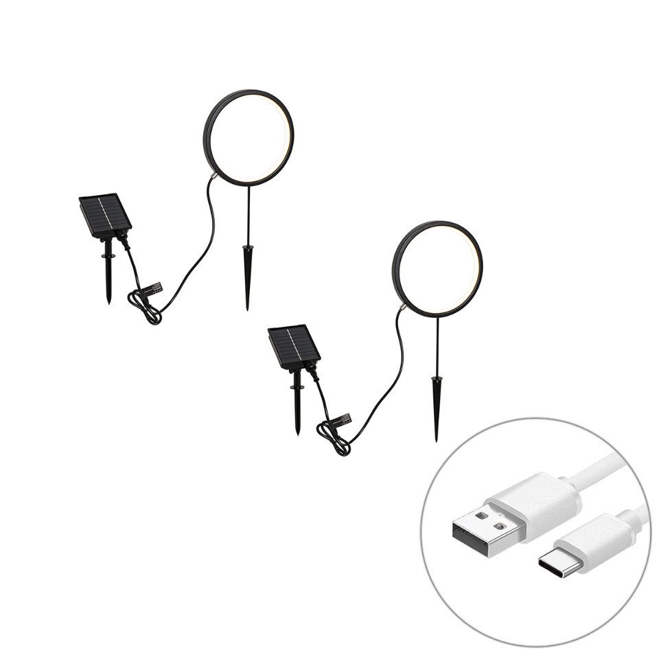 Qazqa USB-Stehleuchte Adalind (2-St), QAZQA Akku­leuchte, integrated, Schwarz, Stahl, Modern