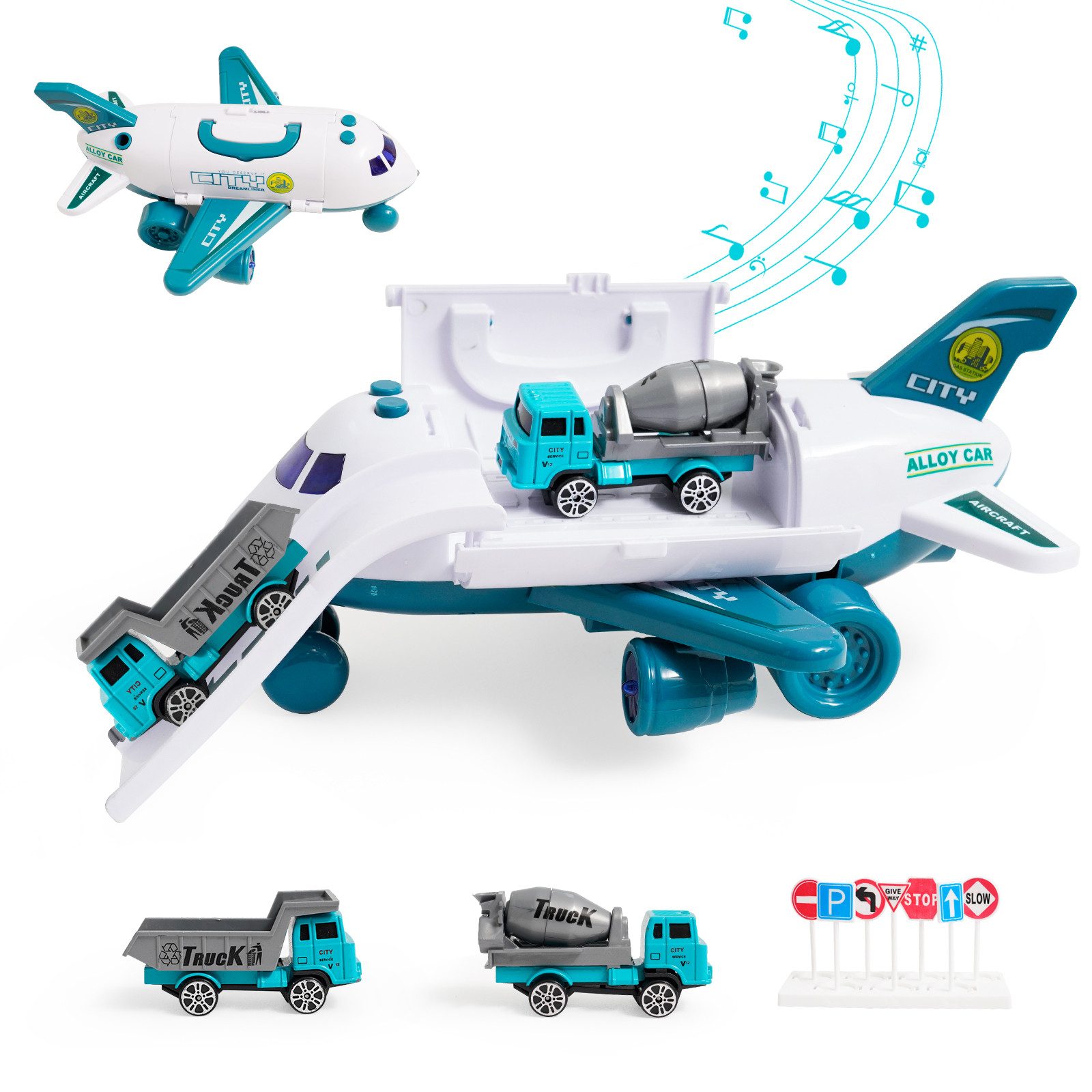 LBLA Spielzeug-Flugzeug Transport Flugzeug Spielzeug, (2 Lastwagen+ 1 Hubschrauber Set), Flugzeug mit simuliertem Abgas-Effekt - Sprüheffekt mit Wasseraufnahme
