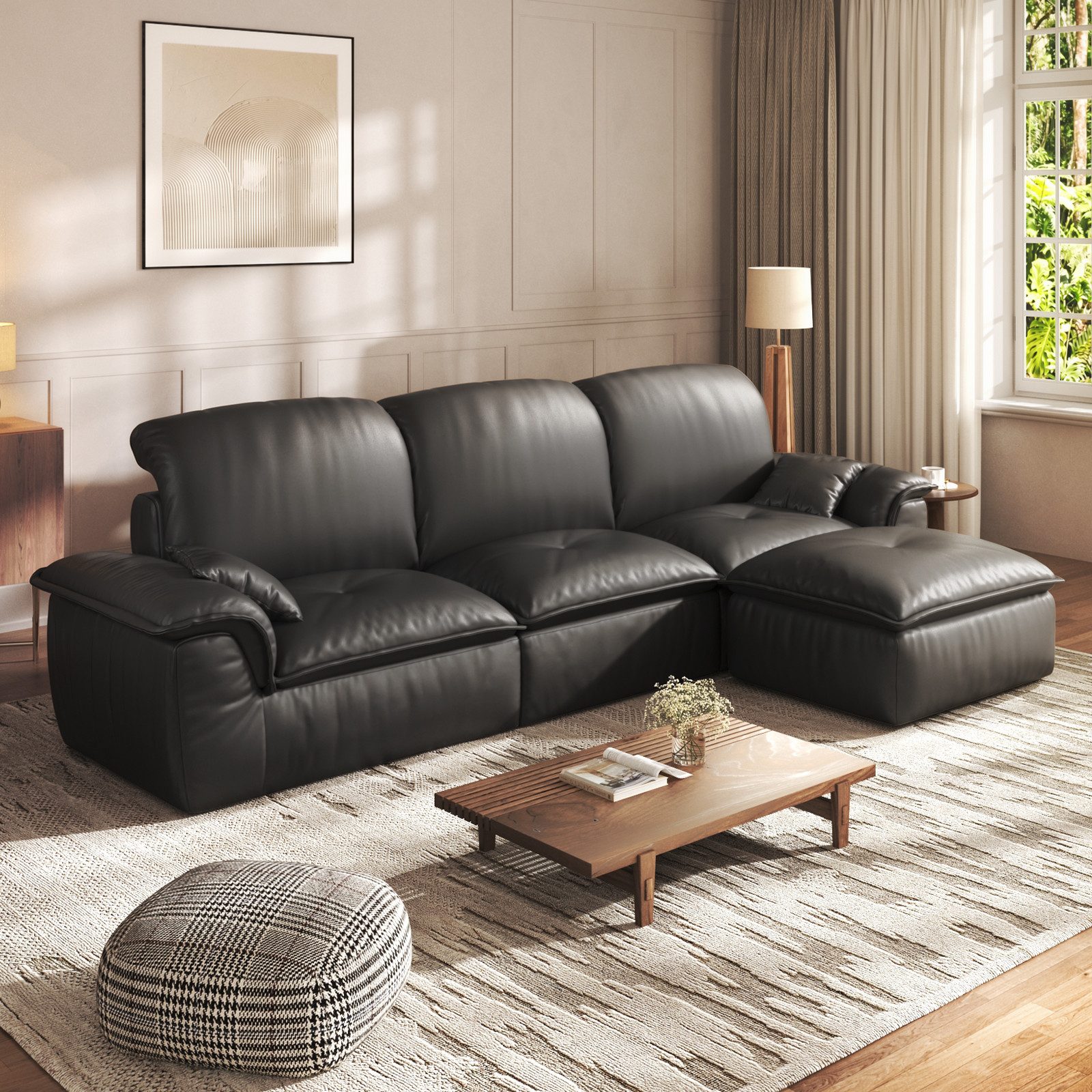 Patbrela Ecksofa 3-Sitzer mit Longchair, Weiches Lederoptik Sofa für Wohnzimmer, Keine Montage erforderlich