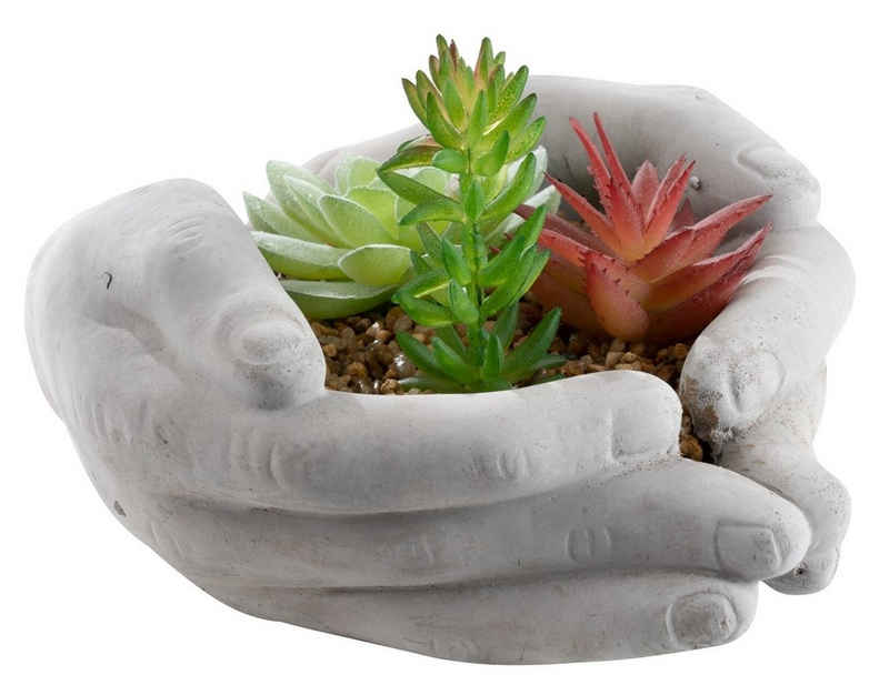 Dekoobjekt HENDON, 20 x 17 cm, Grau, Grün, Kunststoff, Zement, Hände mit Kunstpflanzen