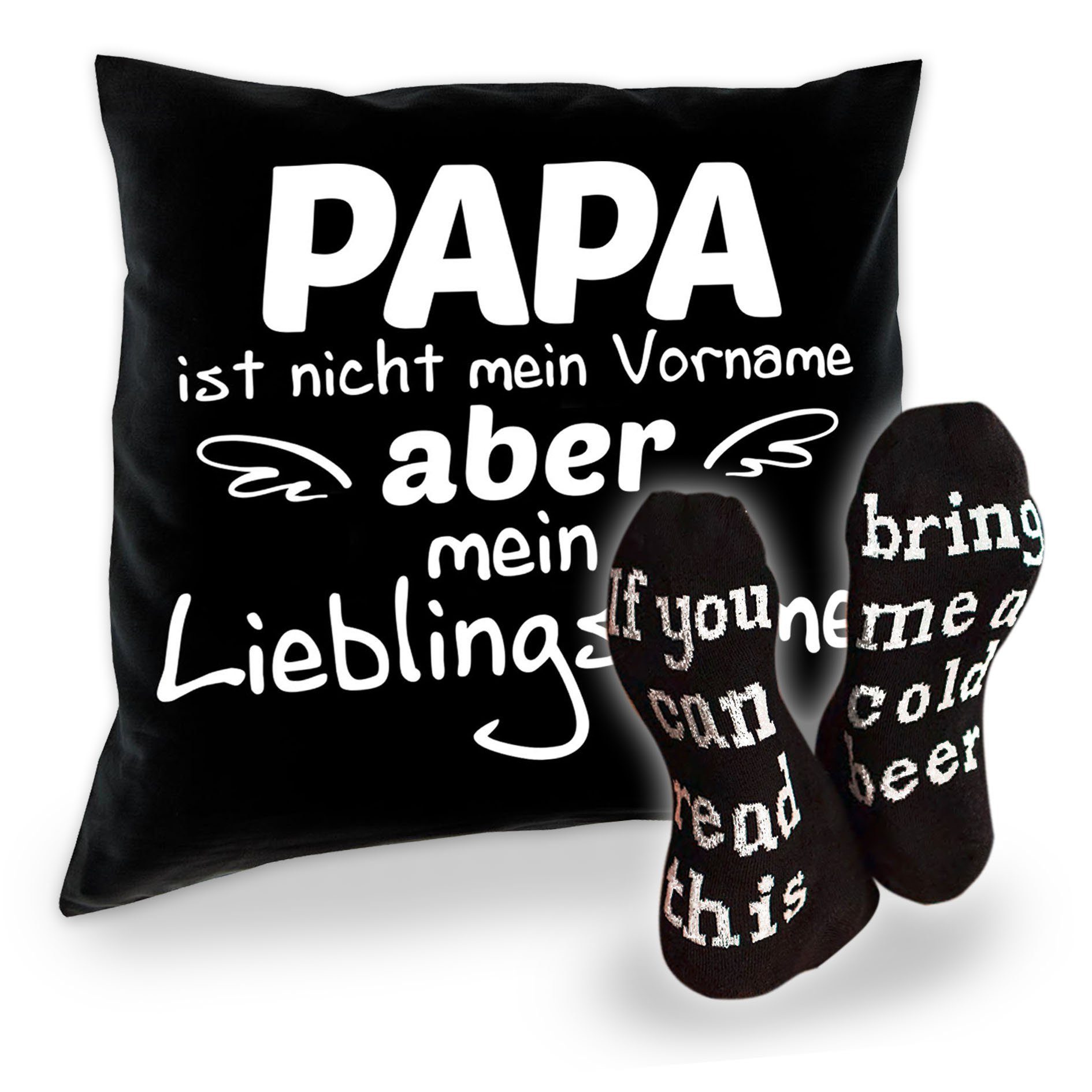Soreso® Dekokissen Kissen Papa Lieblingsname und Socken mit Bier Spruch, Geschenke für Väter Geschenkidee schwarz