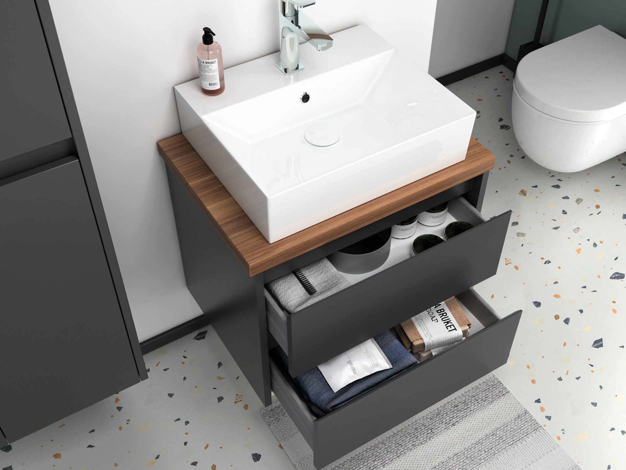 Aqua Bagno Badmöbel-Set Duo Badmöbel 60 cm – Anthrazit Matt Lackiert mit Keramik Waschbecken, (Badschrank vormontiert, 3-St., Badmöbelschrank mit Trägerplatte, Waschbecken), einfache Montage