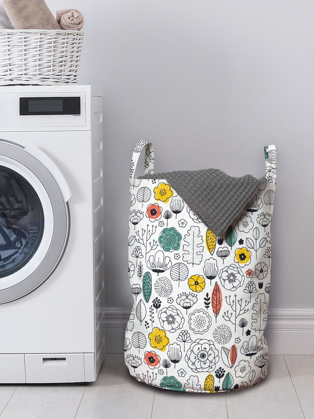 Abakuhaus Wäschesäckchen Wäschekorb mit skandinavischen für Blumen den Kunst Waschsalons, in Griffen Blumen Kordelzugverschluss