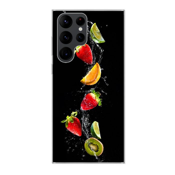 MuchoWow Handyhülle Obst - Wasser - Schwarz - Stillleben Erdbeere - Kiwi Phone Case Handyhülle Samsung Galaxy S22 Ultra Silikon Schutzhülle