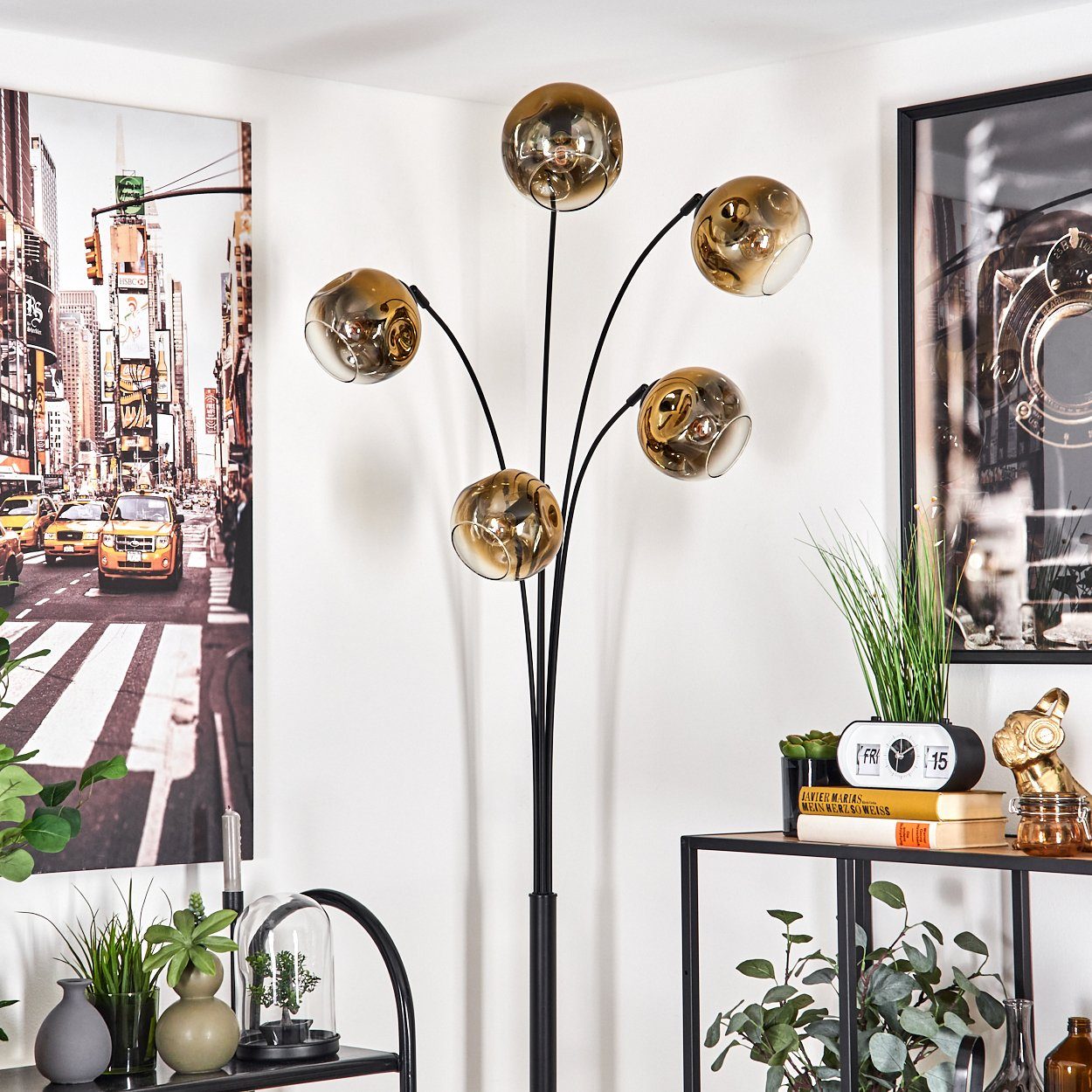 hofstein Stehlampe Stehlampe aus Metall/Glas in Schwarz/Gold/Klar, ohne Leuchtmittel, Leuchte mit Glasschirmen (15cm), Schalter, 5xE14, ohne Leuchtmittel