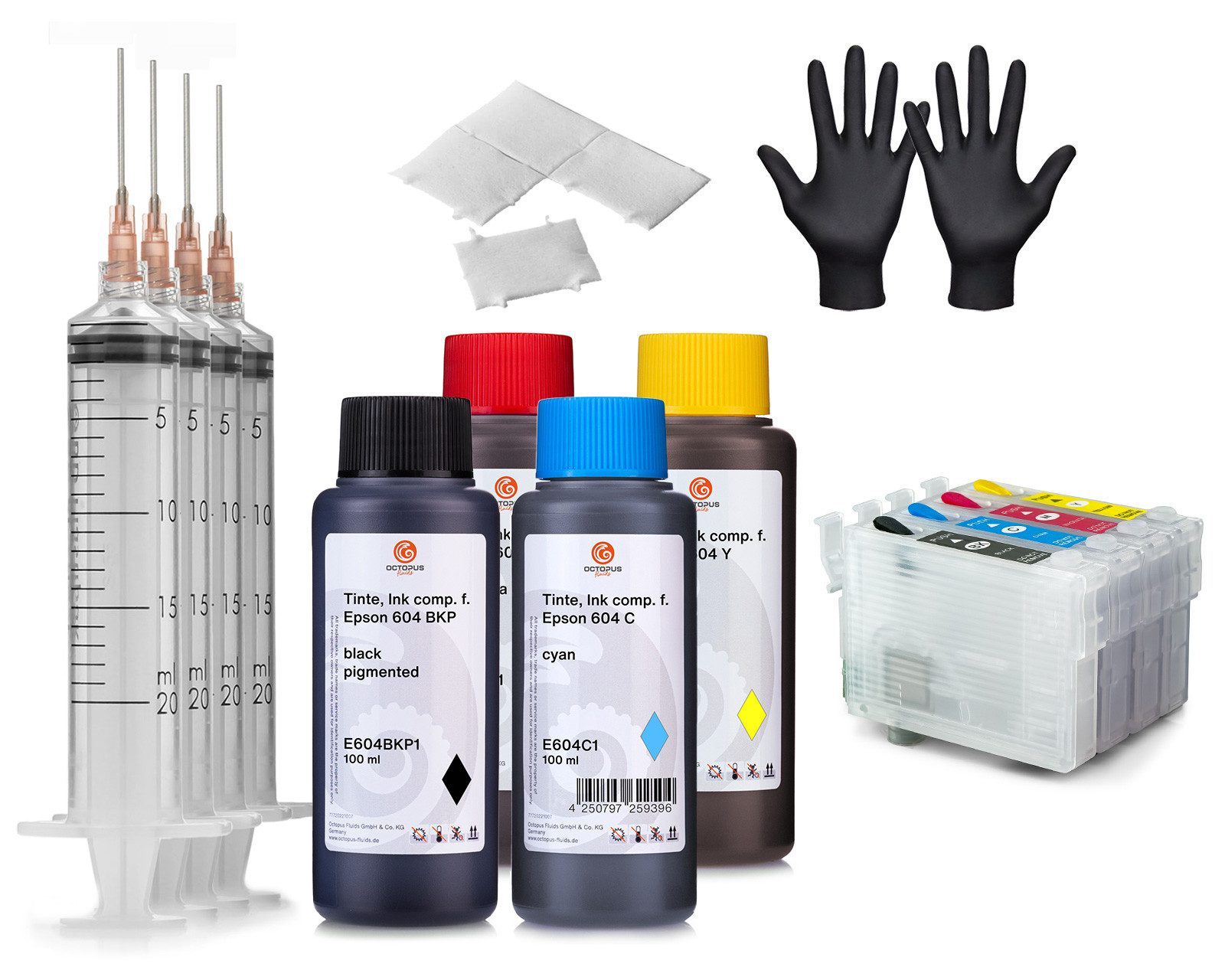 OCTOPUS Fill In Патроны für Epson 604 m. Chip und Druckertinte 4x 100ml Tintenpatrone
