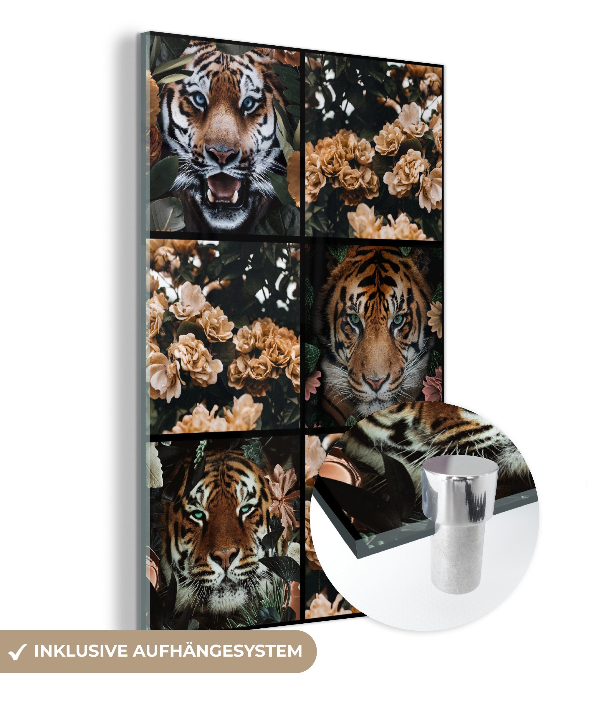 MuchoWow Acrylglasbild Collage - Tiger - Blumen, (1 St), Glasbilder - Bilder auf Glas Wandbild - Foto auf Glas - Wanddekoration