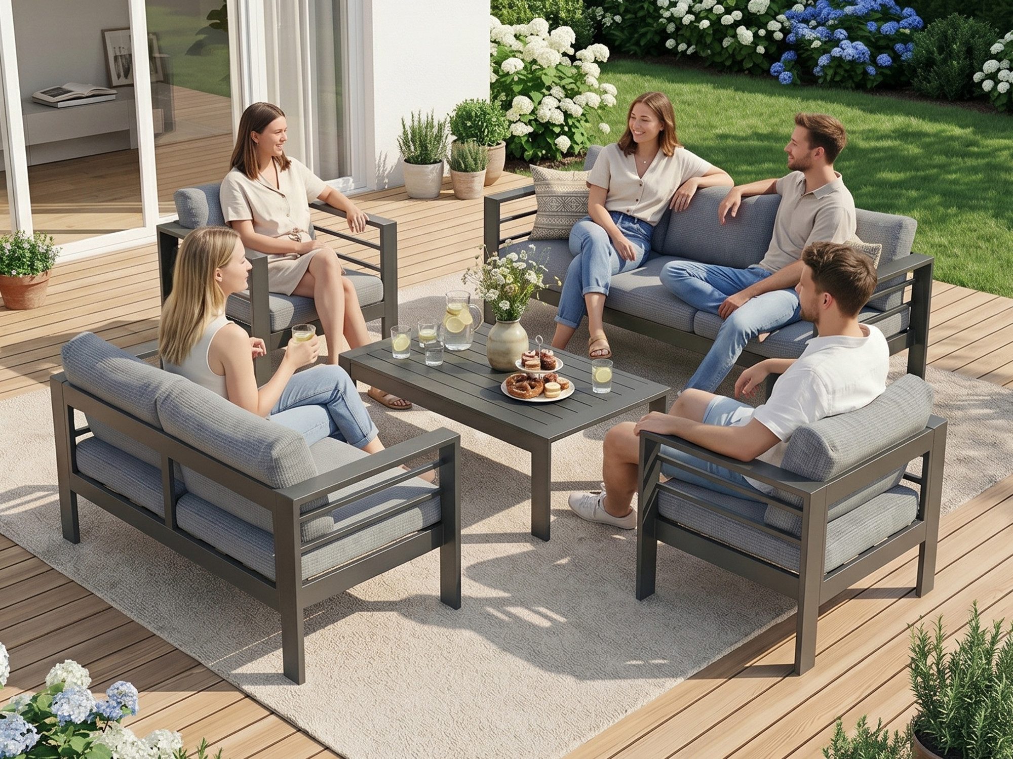 MeXo Gartenlounge-Set Gartenmöbel Set Aluminium Wetterfest, (1 x 3-Sitzer Sofa, 2 x 2-Sitzer Sofa, 4 x Sessel, 1 x Gartentisch, 18 x Kissen, 6-tlg., Luxus Relax), Gartensofa Set für 8-10 Personen, Individuell Kombinierbar