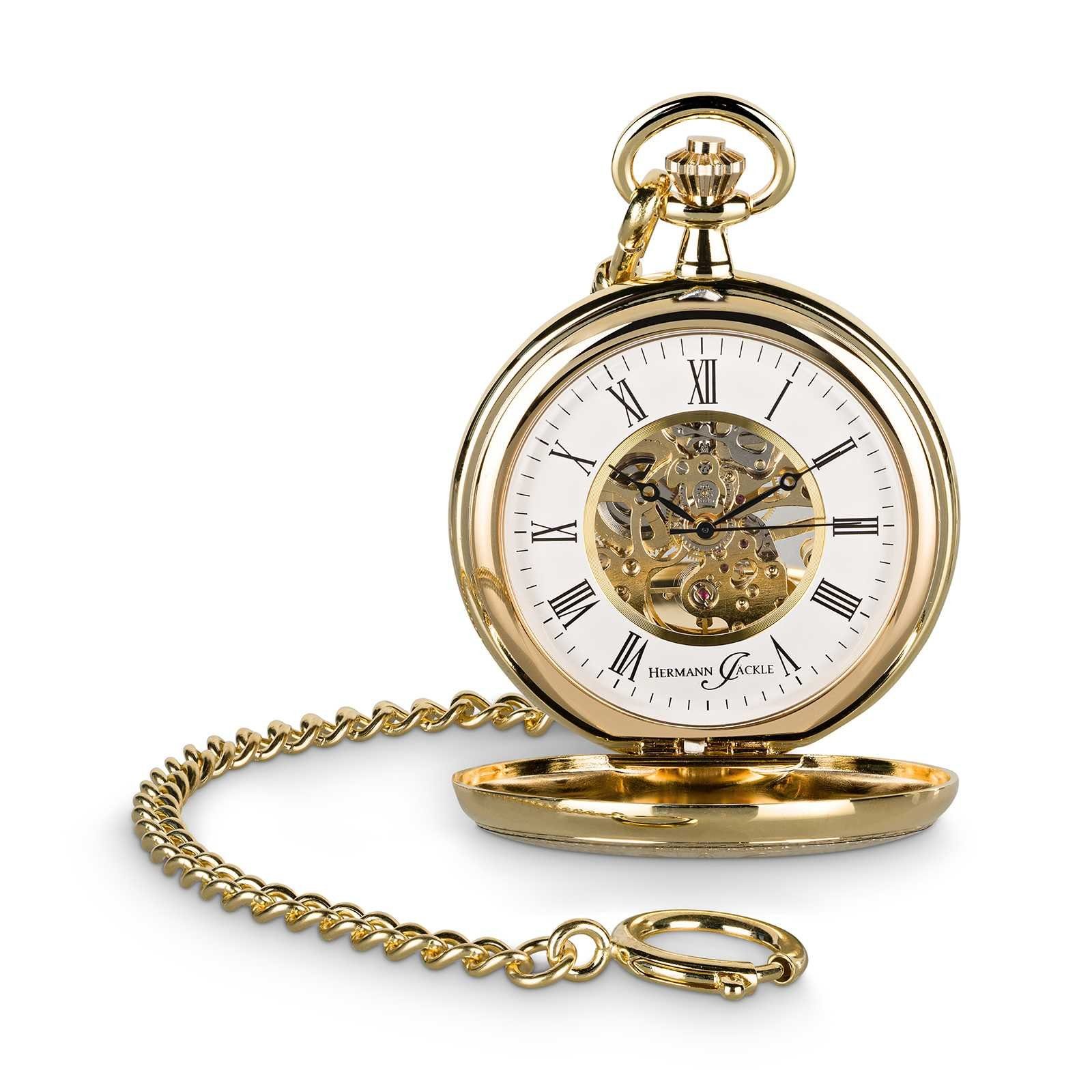 Hermann Jäckle Taschenuhr "Bayreuth vergoldet", Skelett-Handaufzug, Mineralglas, 50 mm, inkl. Kette & Reiseetui – Edle Herrenuhr im klassischen Stil