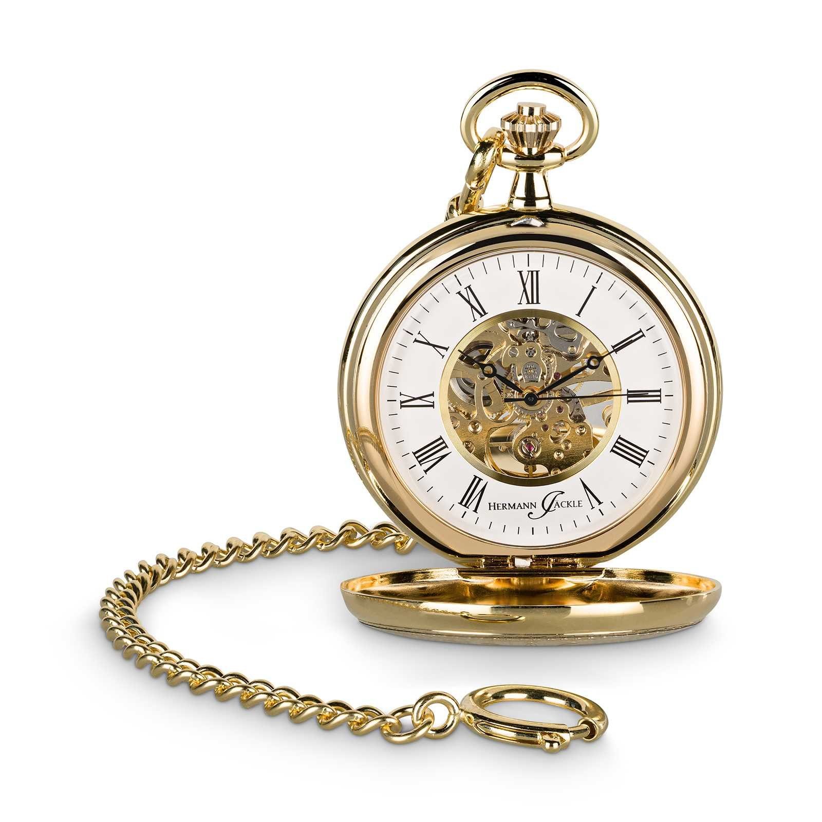 Hermann Jäckle Taschenuhr Bayreuth vergoldet Skelett mit Handaufzug, incl. Kette & Reiseetui