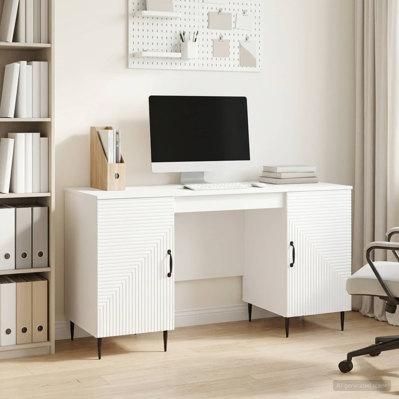 furnicato Schreibtisch 142,5 x 50 x 75 cm Hochglanz weiß (1-St), Arbeitstisch mit Regalablagen und Türen für dein Heimbüro