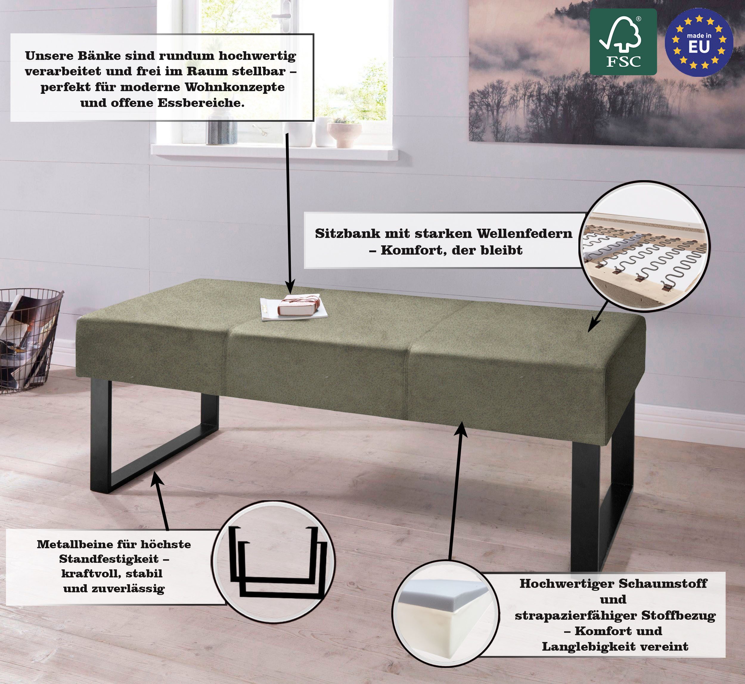 OTTO home Sitzbank Oliver, Breite 140cm, mit Metallgestell