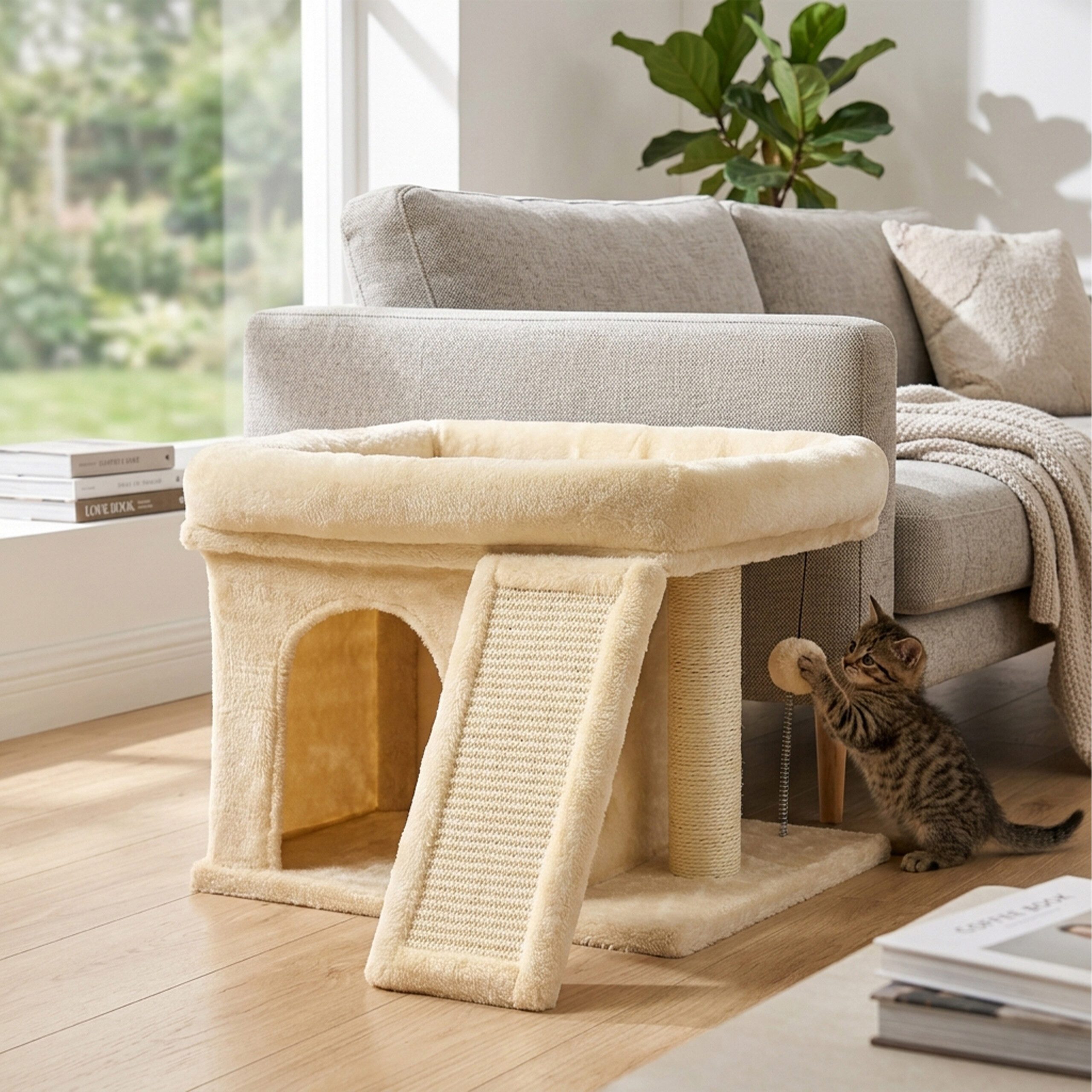 relaxdays Kratzbaum mit Höhle & Liegefläche, Beige