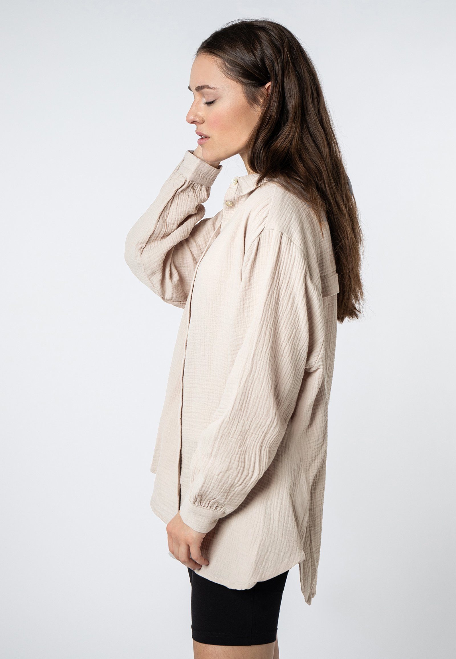 SUBLEVEL Langarmbluse Damen Musselinbluse langarm mit Kentkragen Oversizebluse aus Baumwolle