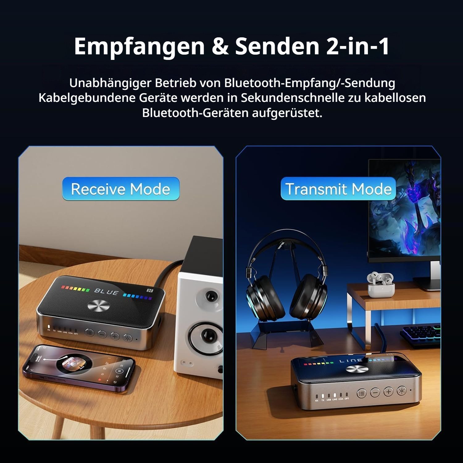 Tekoo 2-in-1 Bluetooth 5.3 Audio Adapter Sender & Empfänger für TV & HiFi Bluetooth-Adapter 3,5 mm Klinkenstecker, Cinchstecker (RCA), USB Typ C Stecker, USB Typ A Stecker zu 3,5 mm Klinkenbuchse, Cinchbuchse (RCA), Toslink Buchse (Optisch), Koaxial Buchse, USB Typ A, USB Typ C, Bluetooth 5.3, Sender & Empfänger, NFC-Pairing, LED-Display, 1000mAh
