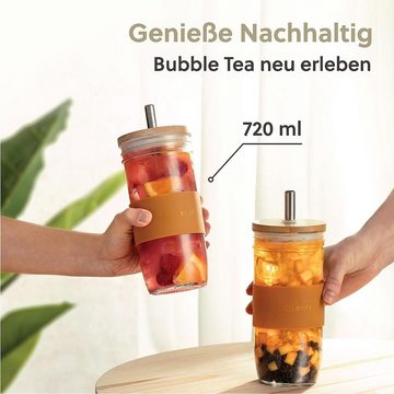 Cosumy Gläser-Set 2 Bubble Tea Becher mit Strohhalm und Bambusdeckel, Glas, 2er Set Glasbecher - 720ml - Wiederverwendbar - Spülmaschinenfest