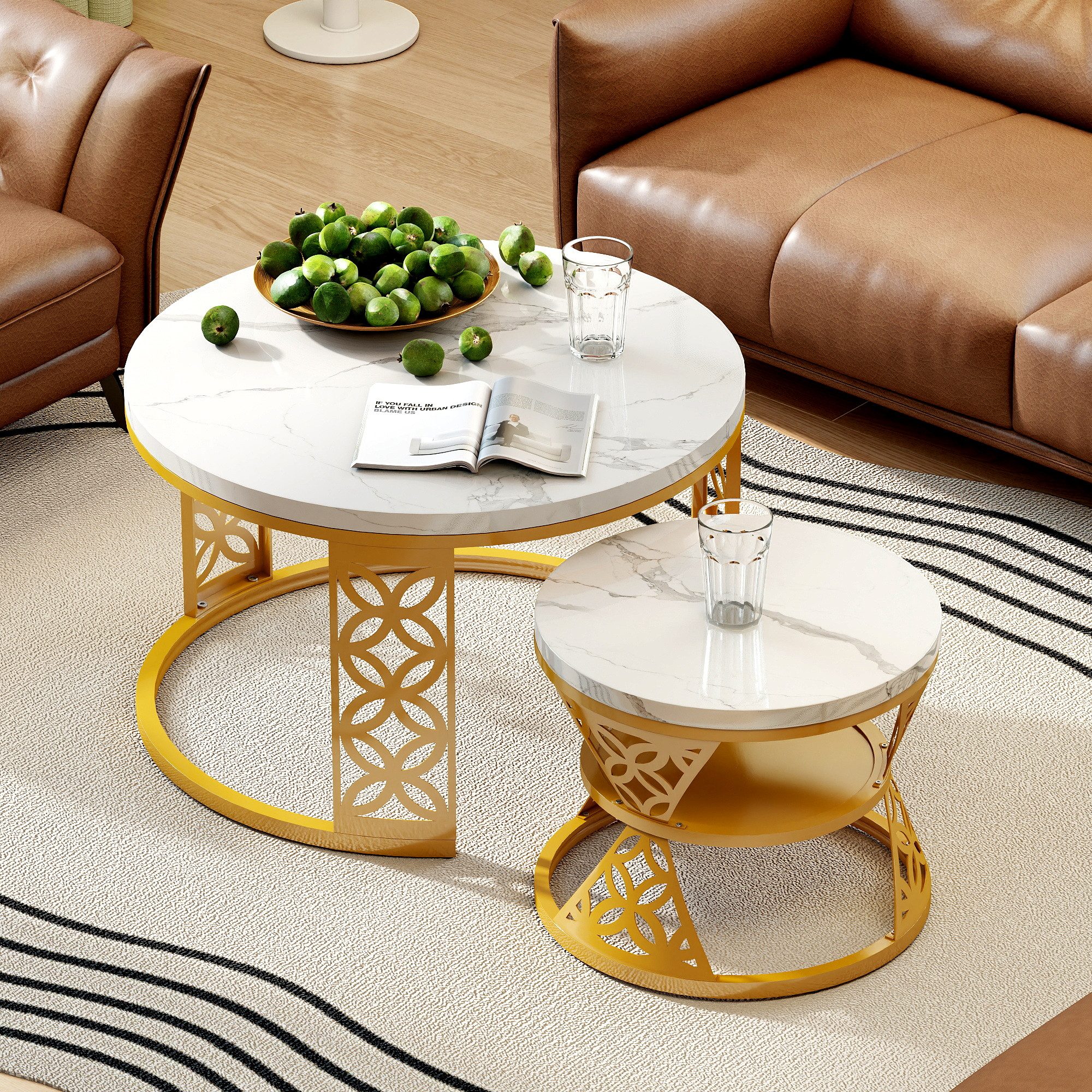 STILVORA Couchtisch Wohnzimmertische runde Satztisch Marmoroptik mit Bodens günstig online kaufen