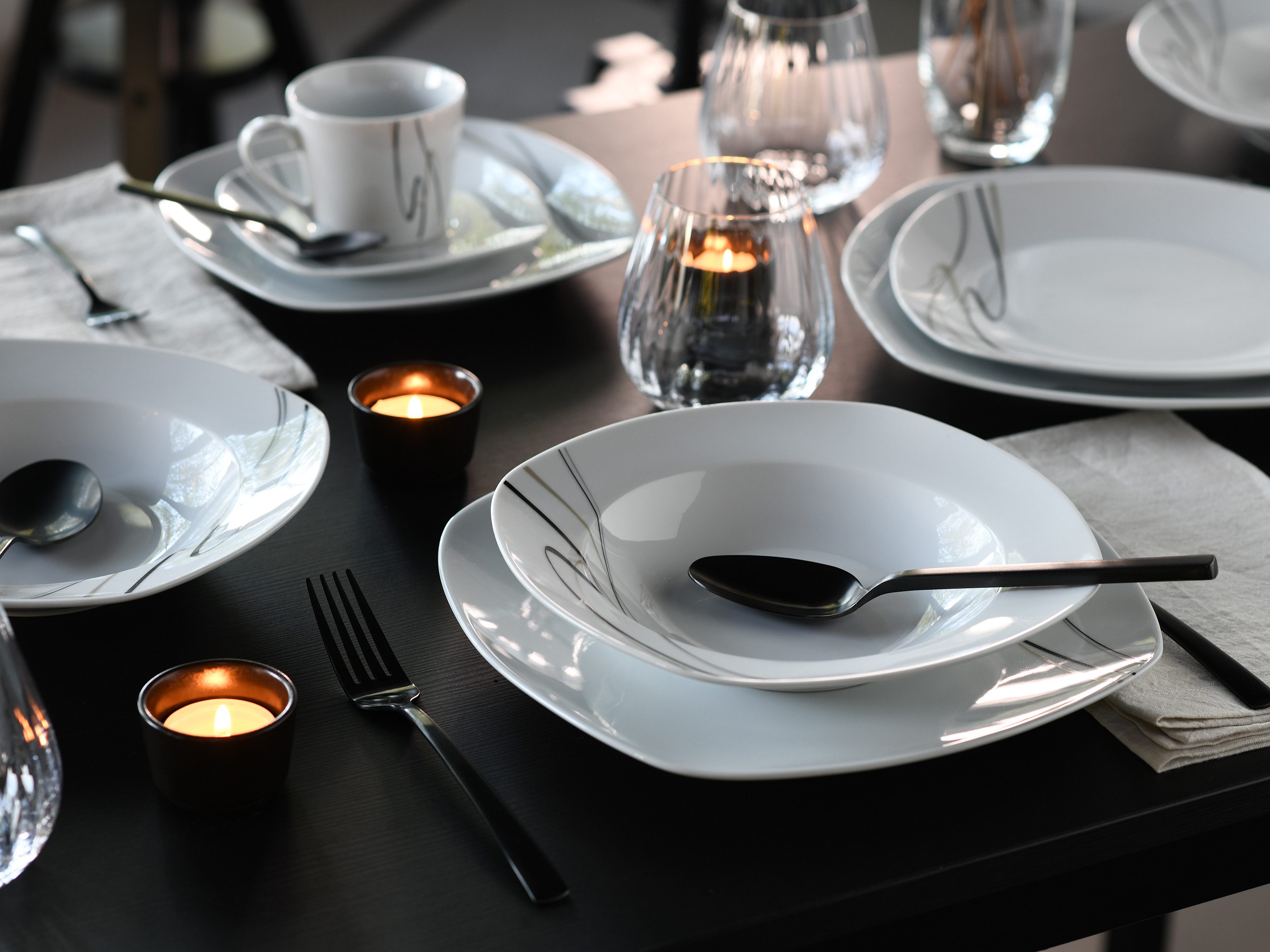 CreaTable Kombiservice Amelie Piazza, Kombi-Service 30-tlg (30-tlg), 6 Personen, Porzellan, Elegant, Schwungvoller Liniendekor