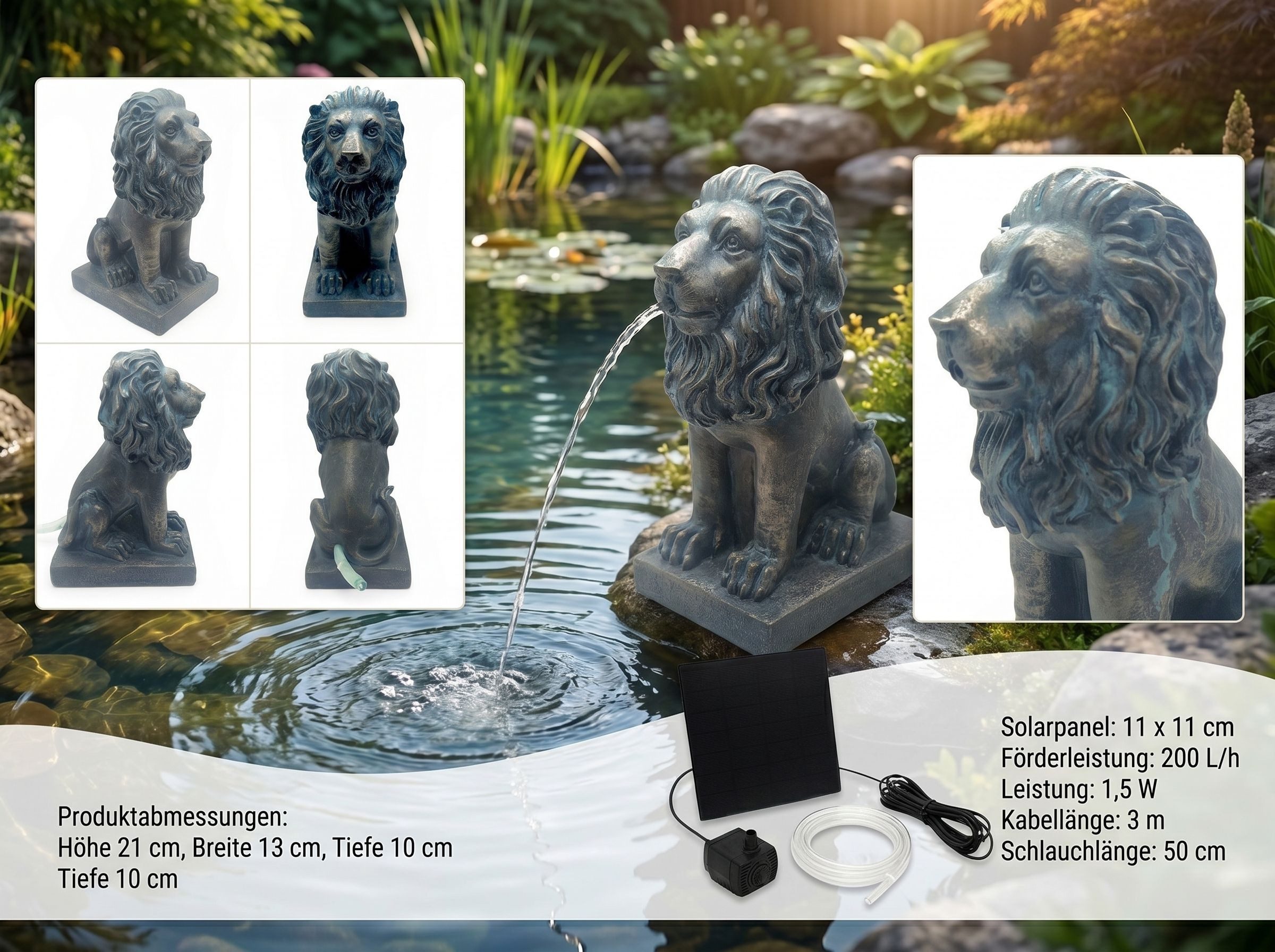 Arnusa Wasserspeier Solar Springbrunnen Löwe mit Pumpe Wasserspiel Teich 21 cm, Teichdekoration Gartenfigur Bronze-Optik – Bild 3 von 5