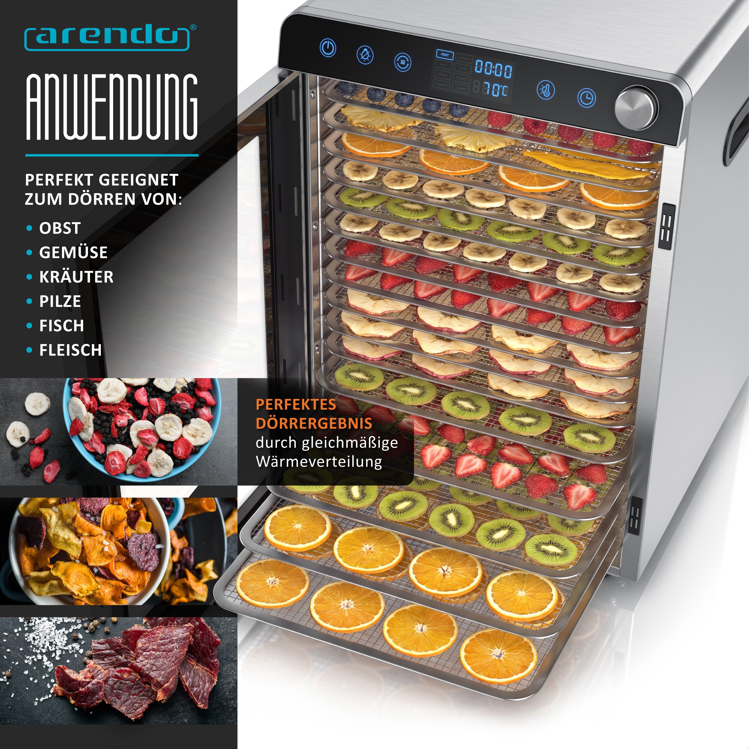 Arendo Dörrautomat Edelstahl, 16 Fächer, Temperaturregler 30°-85°C, Dörrgerät, Dehydrator 1000 W, 16 Etagen, Obst, Fisch, Fleisch Dörrapparat, Obsttrockner, Timer 0,5-24 Stunden