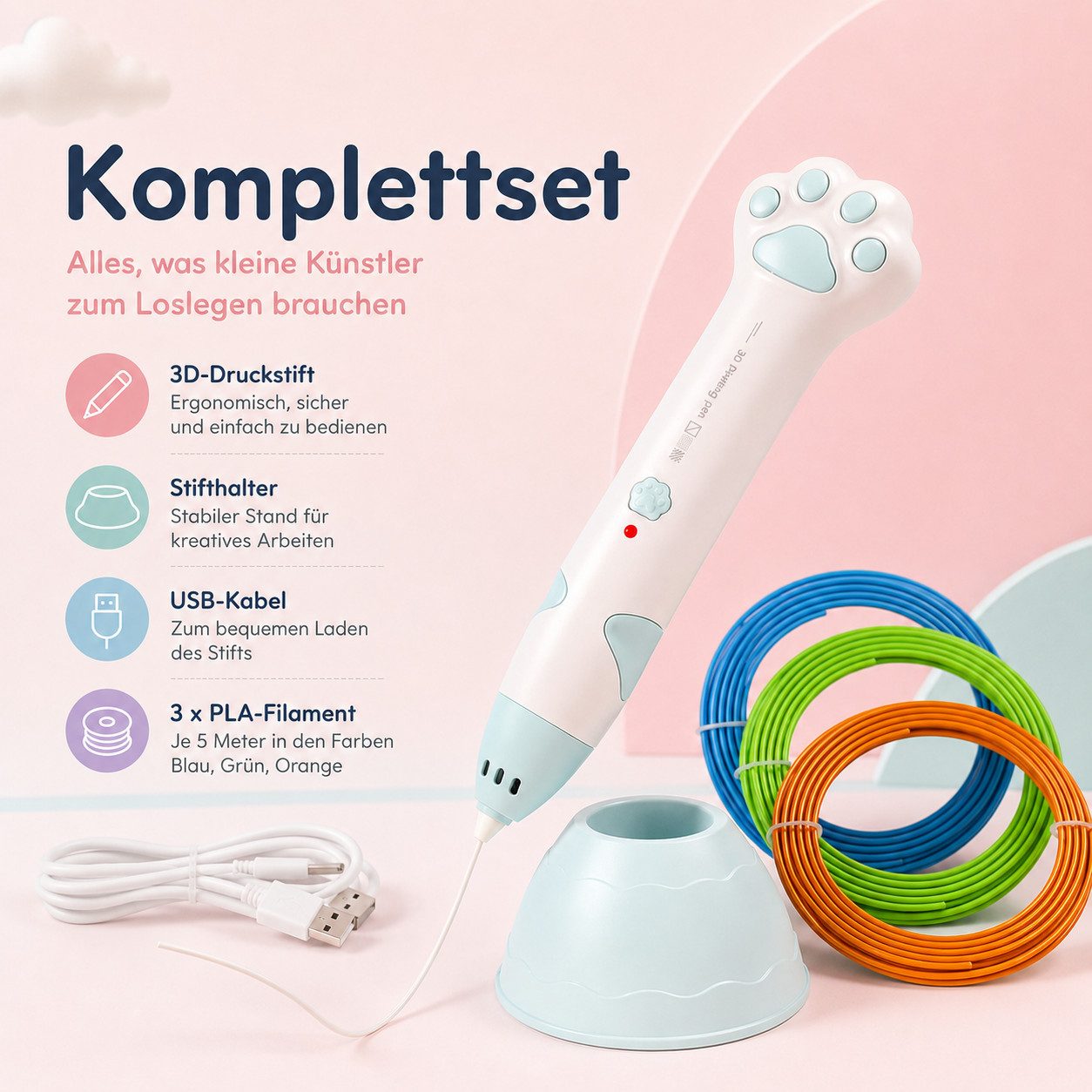 pedete 3D-Drucker 3D-Drucker-Stift 3D-Druckstift mit Sockel Keramik-Düse160-235°C, 3 von PLA-Filament, Kindergeschenk Diy Set 3D Stifte für Kinder