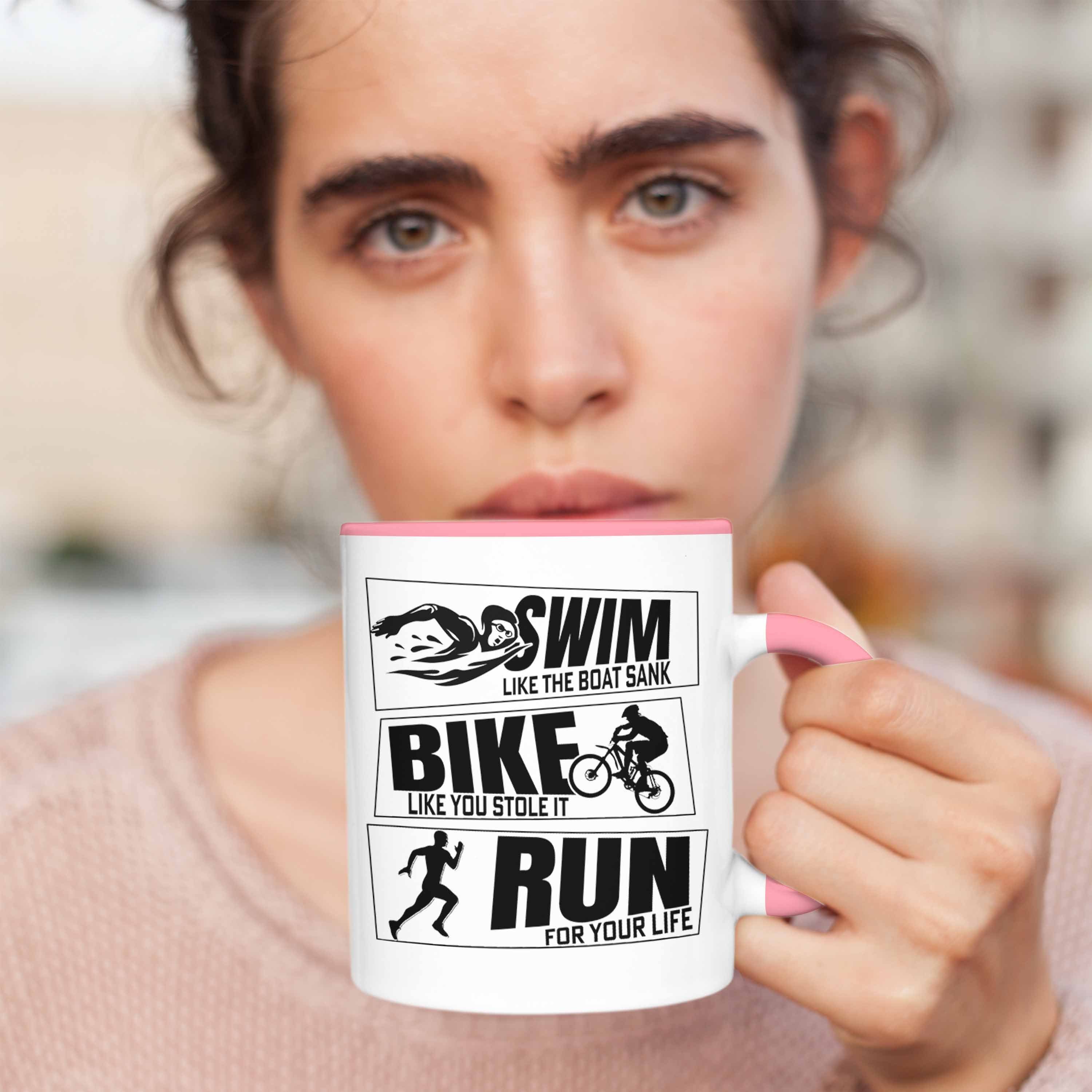 Tasse Trendation Triathlon Bike Geschenkidee für Sportl Geschenk Rosa Spruch Run Swim Tasse