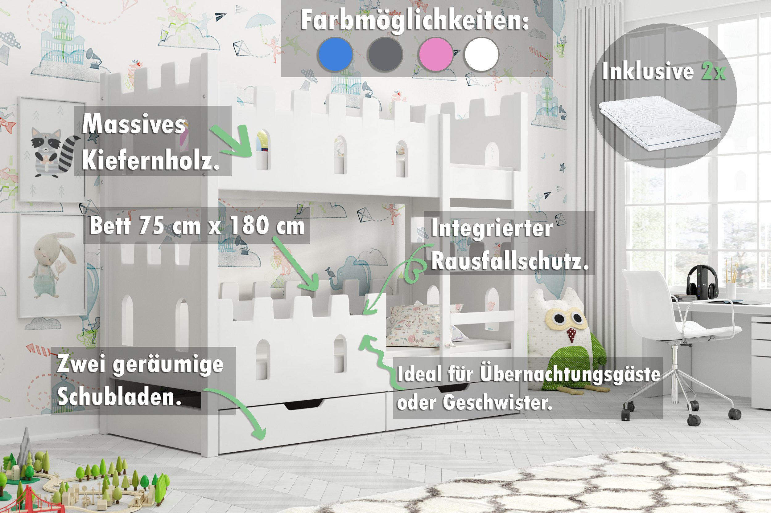 thematys Hochbett mit Rausfallschutz und Schubladen Etagenbett Bett + 2 Mat günstig online kaufen