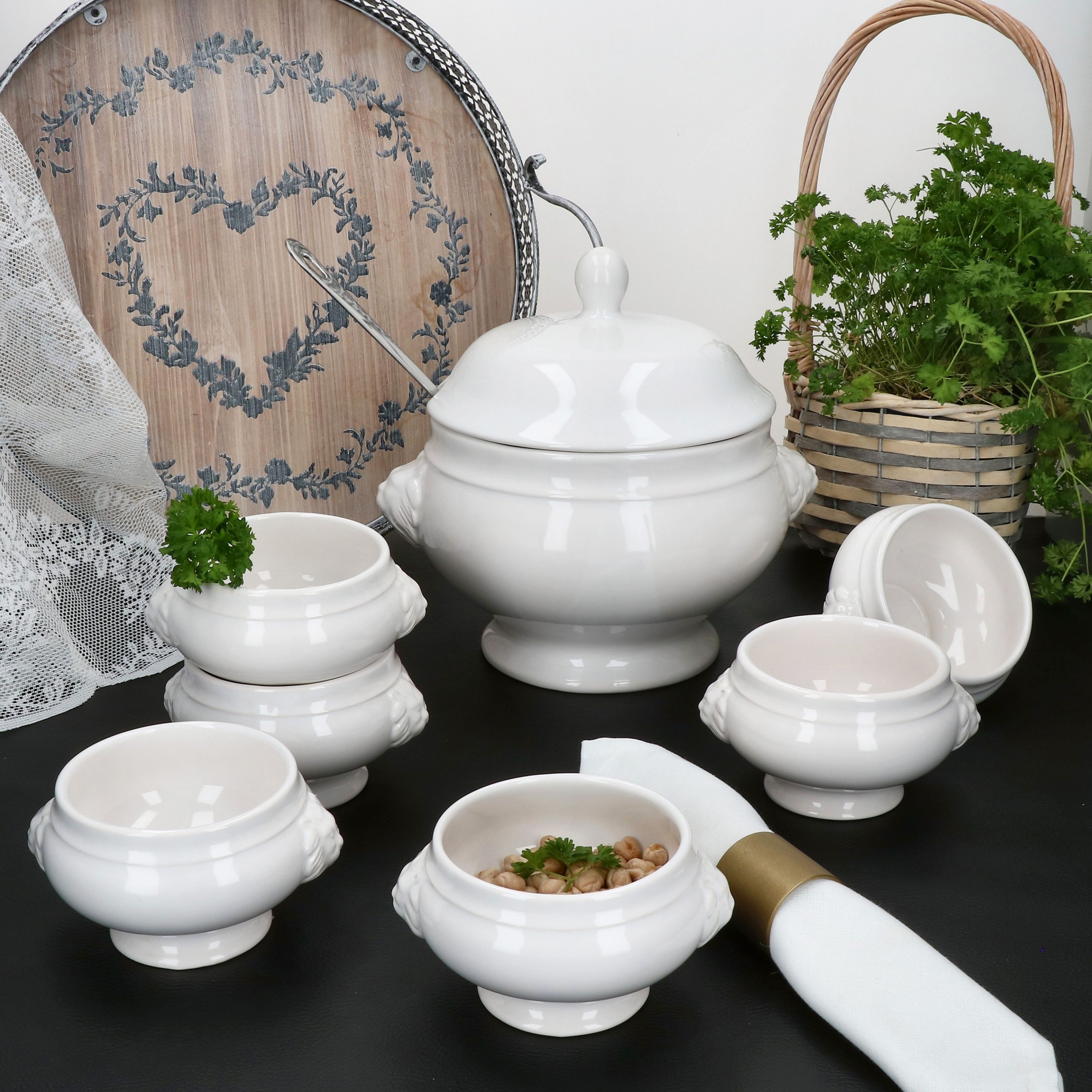 MamboCat Suppenschüssel 7tlg Set LEO Löwenkopf-Terrine mit & ohne Deckel 2L 0,25L weiß, Steingut