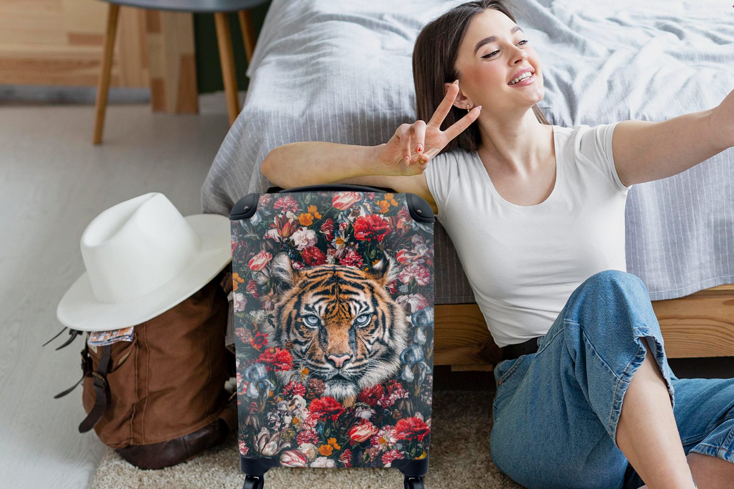 Reisetasche Handgepäckkoffer Tiger mit Rollen, Blumen - für MuchoWow Malerei, Handgepäck Ferien, Reisekoffer - 4 Trolley, rollen,