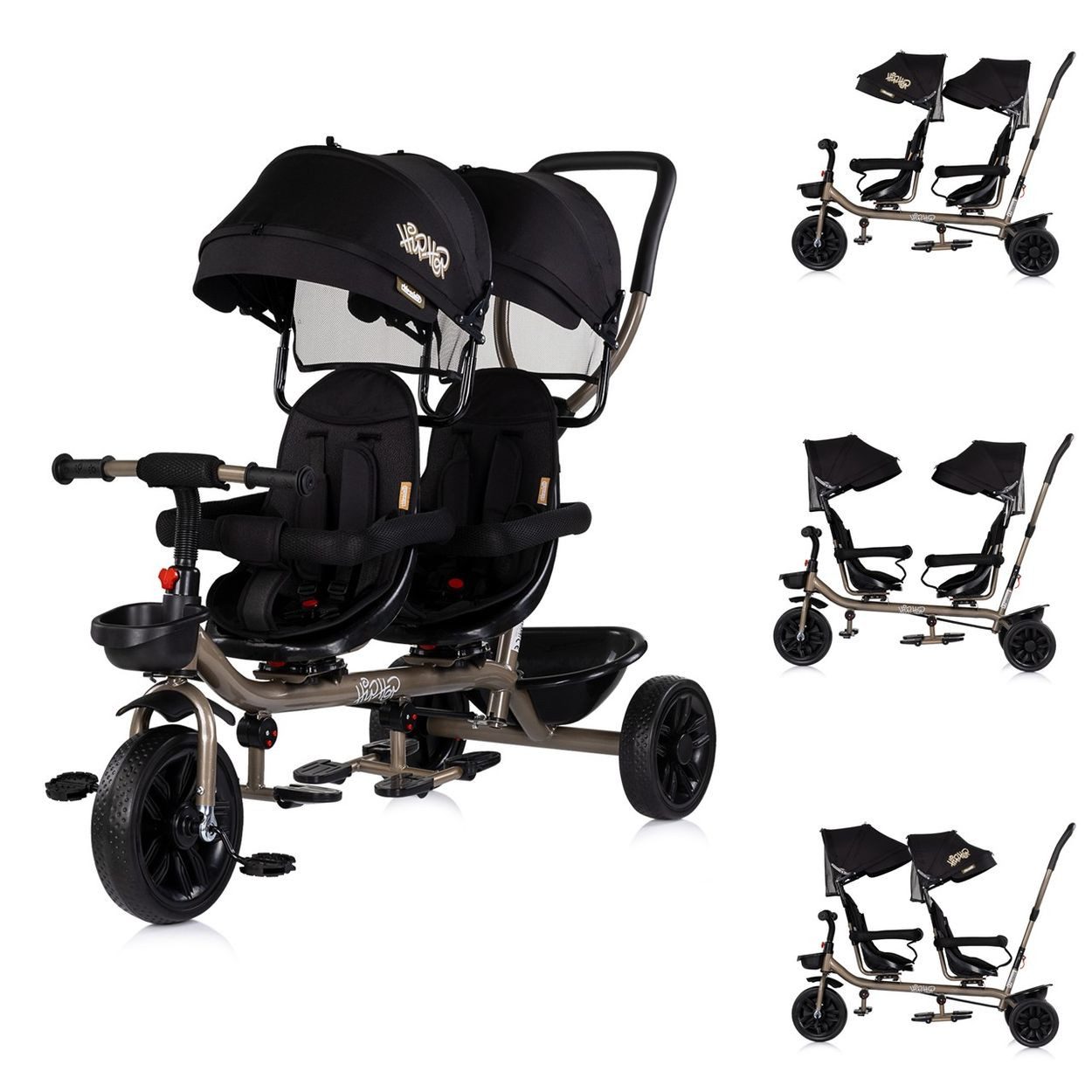 Babyshoppen Dreirad Hip Hop, Geschwister, zwei Kinder, 360° drehbare Sitze, Schiebegriff, Gurte