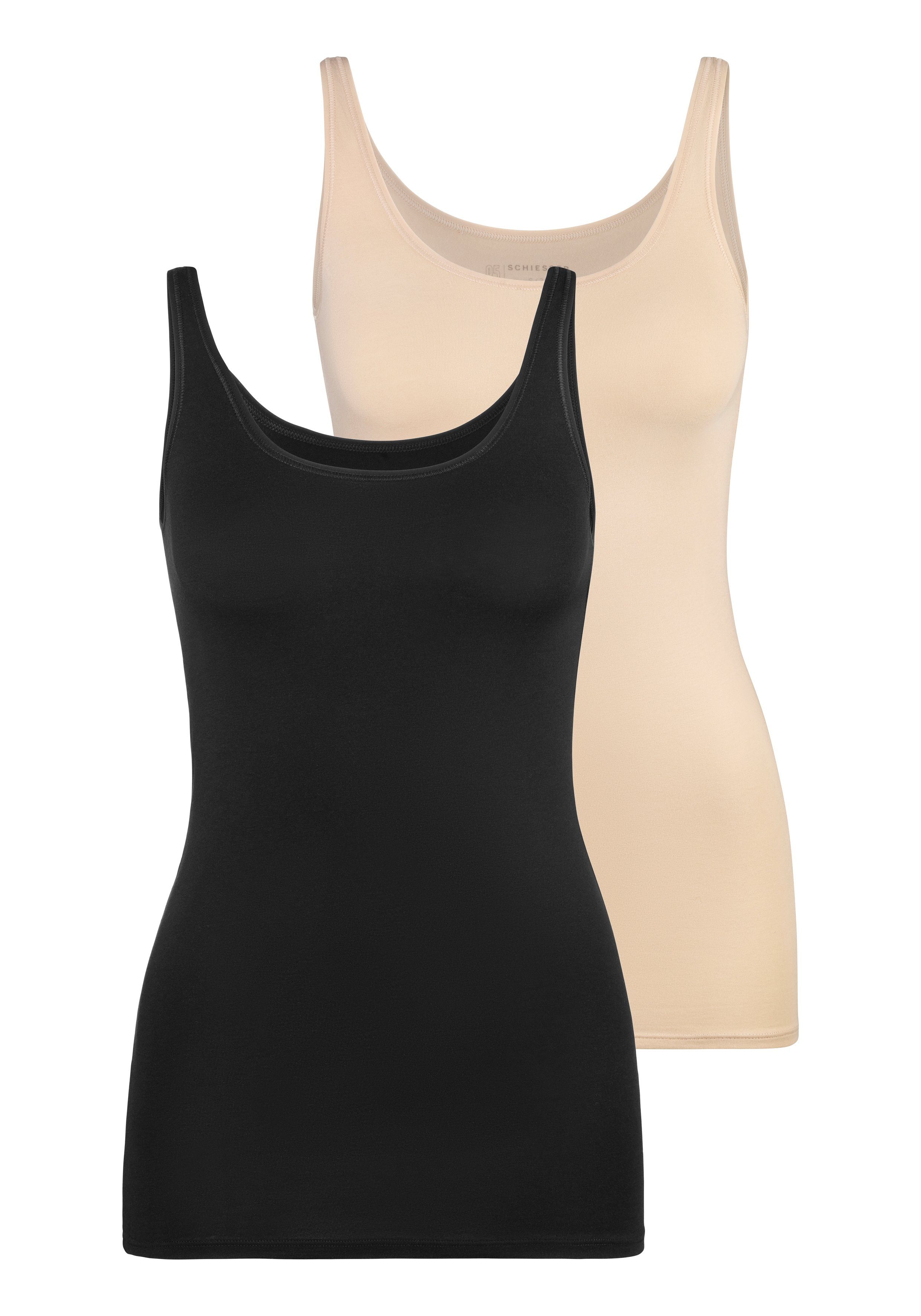 Schiesser mit (2er-Pack) elastischer schwarz/sand Unterhemd Single-Jersey-Qualität