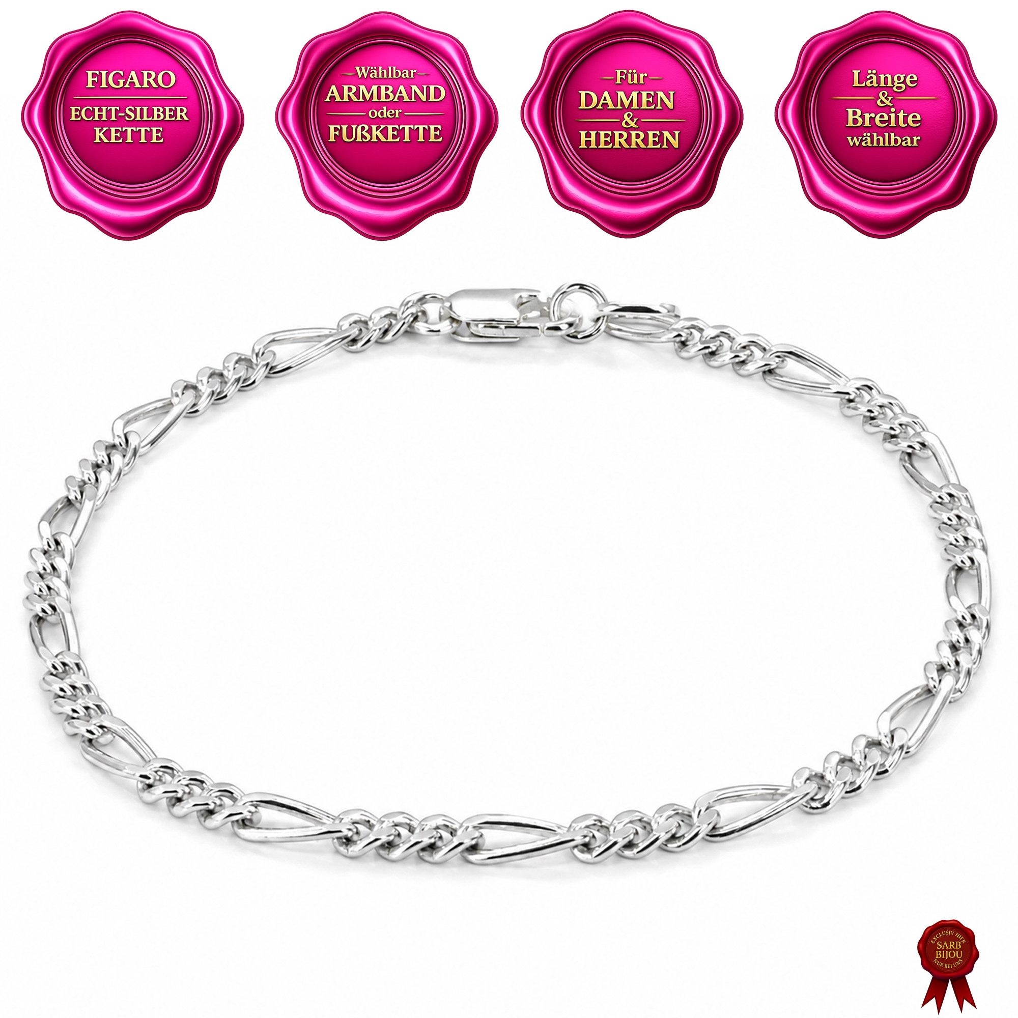 M-Punkt24 Armband Fußkette FIGARO 925 Echt-Silber (32 cm, Breite 3,5 mm, inkl. Etui, Freundschaftskette, Partnerlook, für Damen und Herren), Größe & Breite wählbar, SONDERPREIS DA PRODUKT NEUHEIT