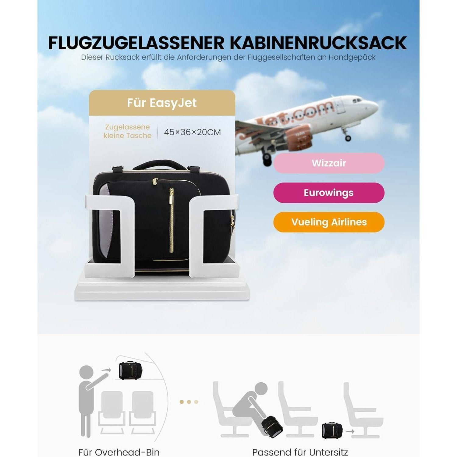 LuxusKollektion Reiserucksack Handgepäck Rucksack 45x36x20 Ryanair Eurowings Schwarz+grau 45x36x20cm
