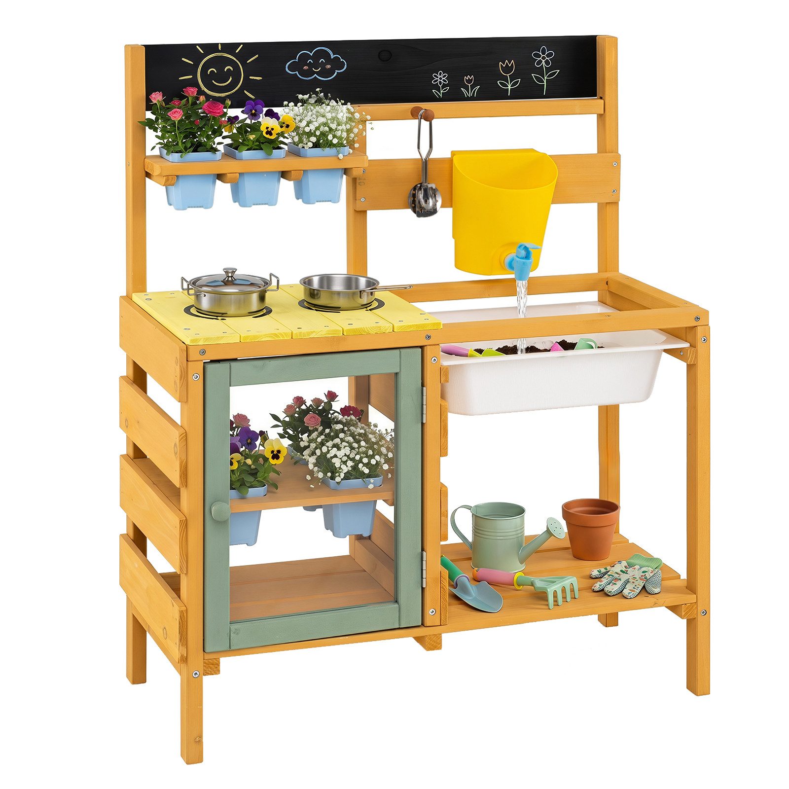 COSTWAY Outdoor-Spielküche Tannenholz, Acryl, Matschküche Kinder Outdoor, Spielküche Holz, Natur