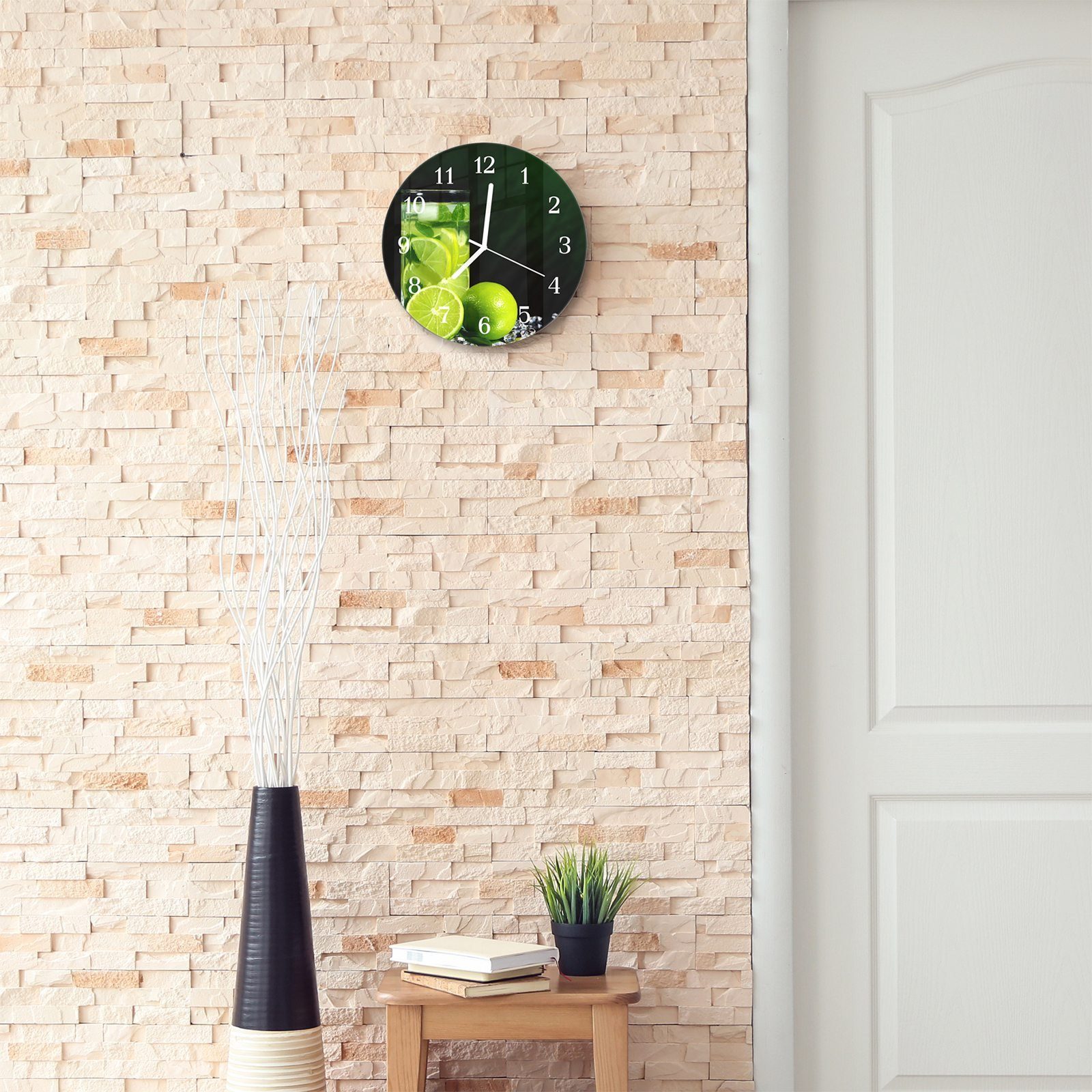 Glas Rund cm mit Wanduhr Durchmesser mit Primedeco 30 und Quarzuhrwerk - Motiv aus Limettengetränk Wanduhr