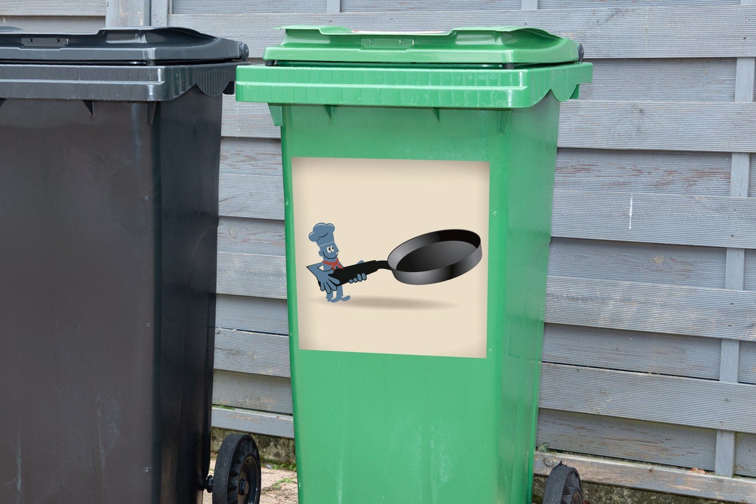 Illustration St), Mülleimer-aufkleber, Container, Wandsticker (1 Zeichentrickfigur Bratpfanne einer mit Sticker, MuchoWow Abfalbehälter Mülltonne, einer