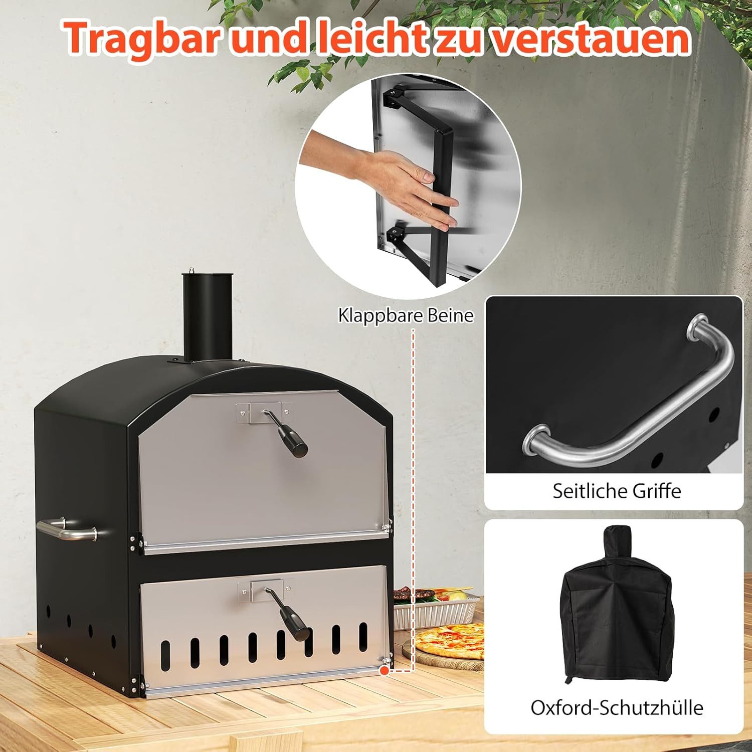 KOMFOTTEU Pizzaofen doppelwandiger Pizza Ofen, mit Pizzaschaufel, Backrost und Pizzastein