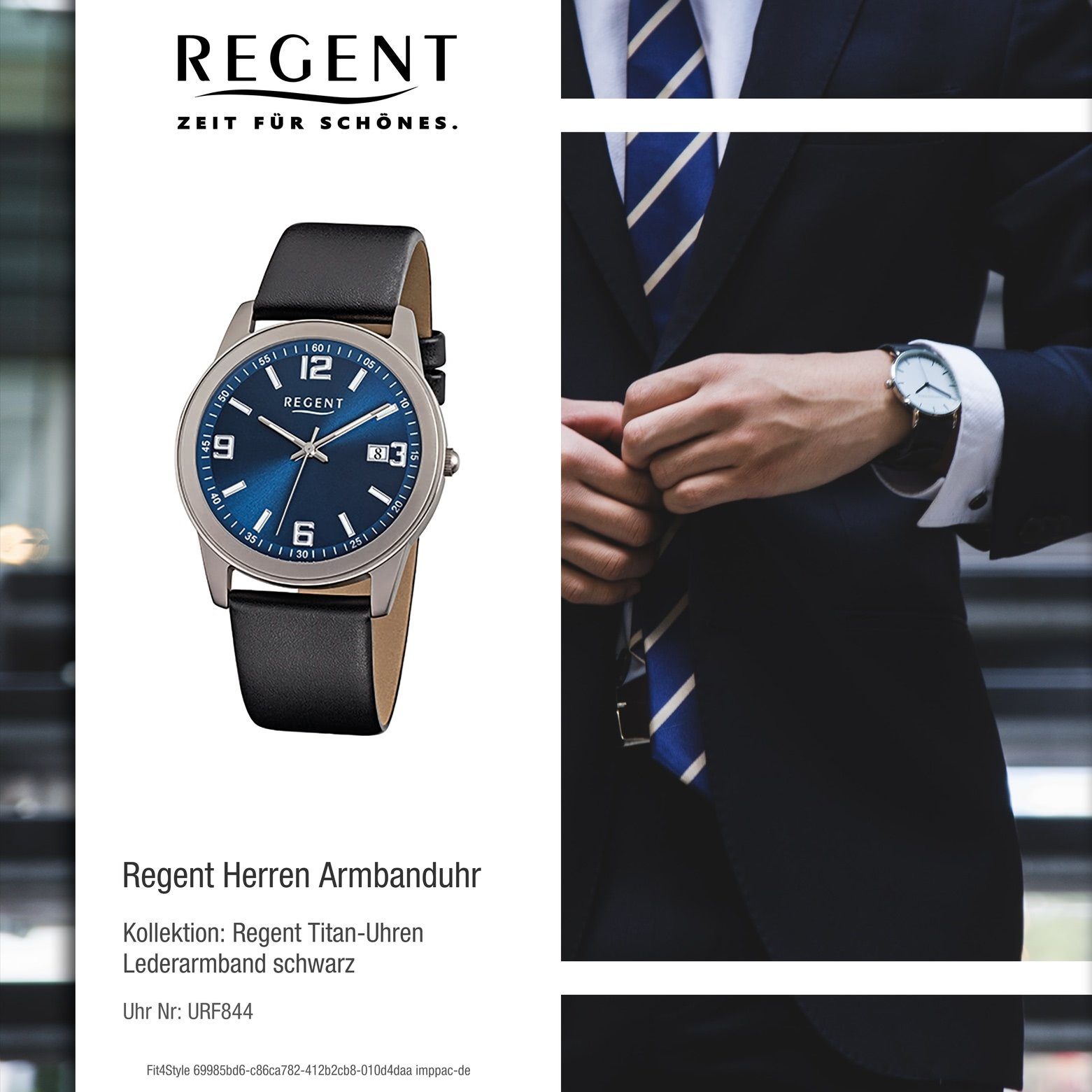 38mm), Regent Quarzuhr Herren-Armbanduhr Herren Regent rund, mittel (ca. Lederarmband Analog, schwarz Armbanduhr