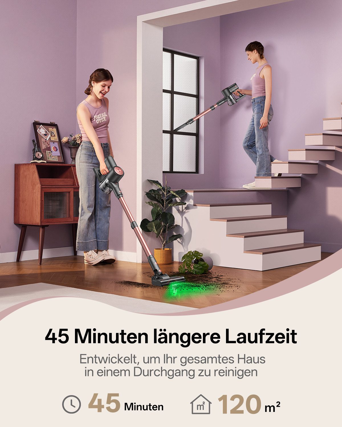 Vactidy Akku-Hand-und Stielstaubsauger V10 Pro, Akkustaubsauger,68000Pa,2,2 kg, 400 W, beutellos, 68000Pa,LED-Anzeige & GreenEye-Licht, Ultraleichtes Design