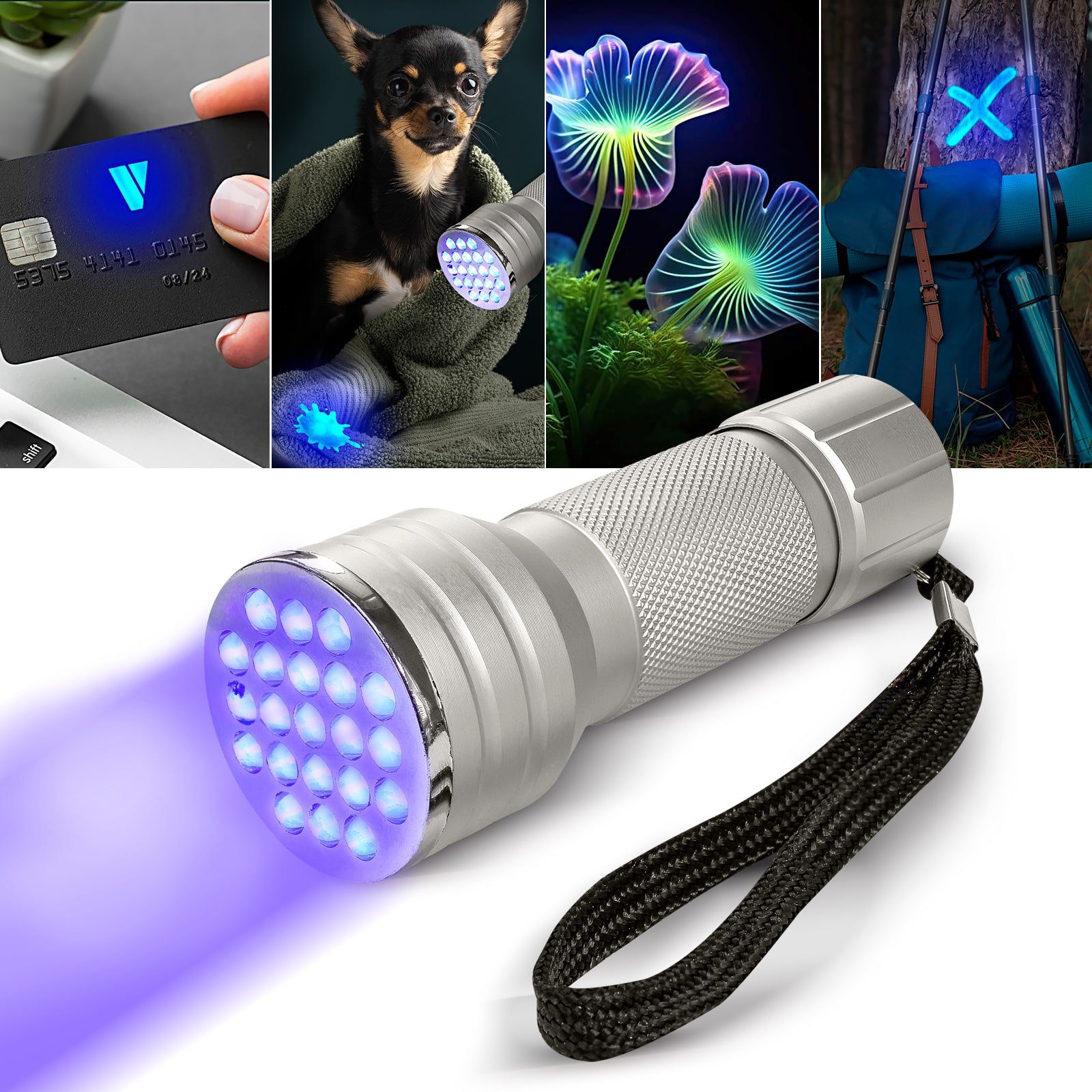 EAXUS LED Taschenlampe UV Schwarzlicht Leuchte - Geocaching,  Dokumentprüfer, Urin-Detektor (Set, 1-St), Ultraviolett Licht aus  hochwertigem Aluminium