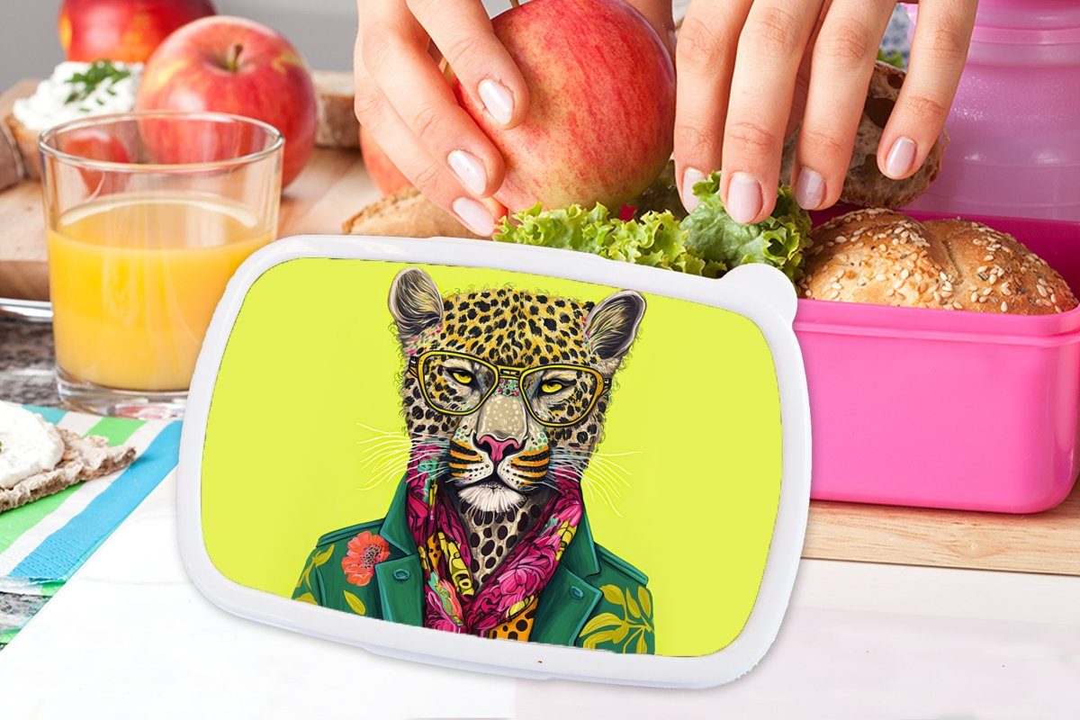 MuchoWow Lunchbox Panther Erwachsene, Farben, Kunststoff Brotdose Brotbox Kinder, rosa Tier Brillen Kunststoff, - (2-tlg), - - Mädchen, für Snackbox